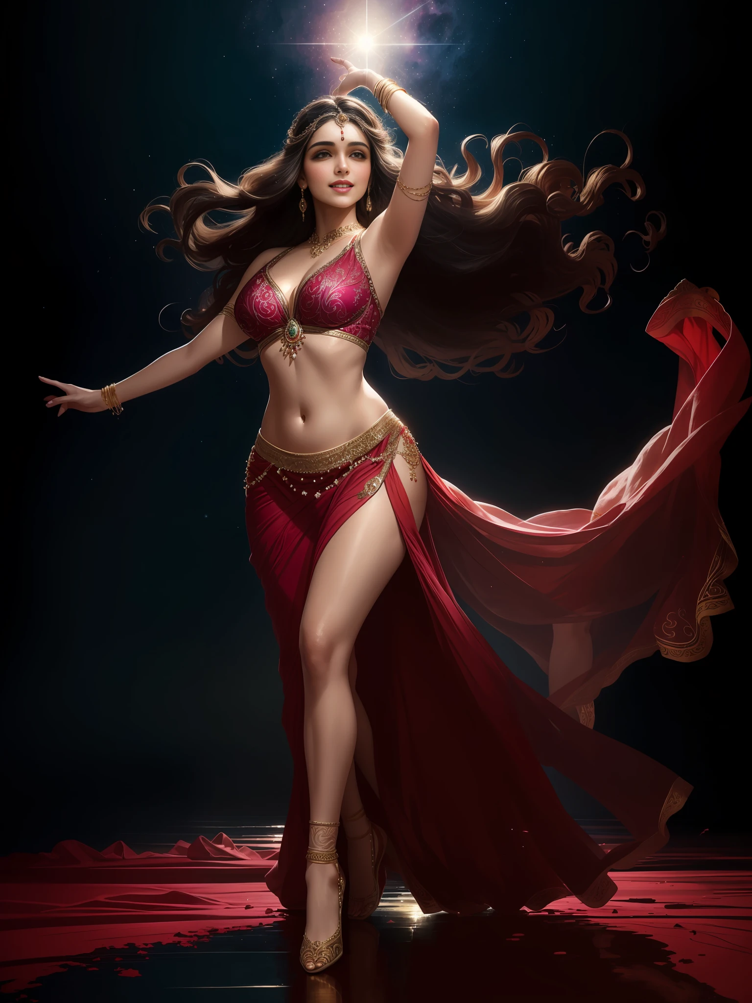 (full body masterpiece photography realistic) of a (solo:1.2) alluring sexy ravishing indian belly dancer Manju warrier  belly dancing in a party (wearing ravishing [red|blue|pink] bedlah:1.3), magical moonlit starry sky, (big flowing hair with highlights), (detailed intricate face:1.3) (hair accessories), dynamic, vivacious, lustful glance, exhilarated (beautiful detailed eyes:1.1) , (passionate smile:1.3) intense dramatic lighting, depth of field, bokeh, backlit, light rays, highly detailed, trending on artstation, paint splashes, rich colour, wind all around, abstract portrait, by Ron hicks