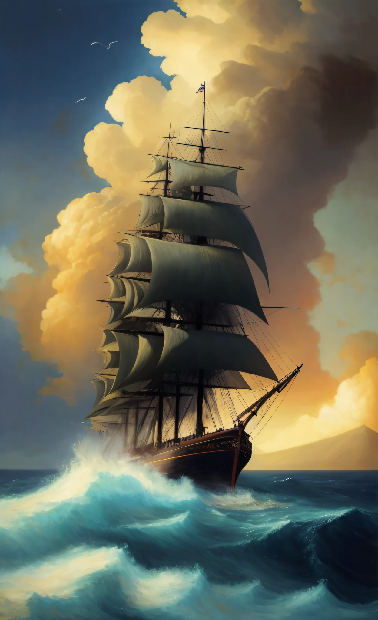 painting of a tall ship sailing in the ocean with a cloudy sky, ship at sea, sailing ship, gothic ship on ocean, ships with sails, inspired by RHADS, by Daniel Ljunggren, sails, concept art | rhads, amazing wallpaper, a ship lost in a storm, ships with sails underneath, by RHADS, inspired by Carl Eugen Keel
