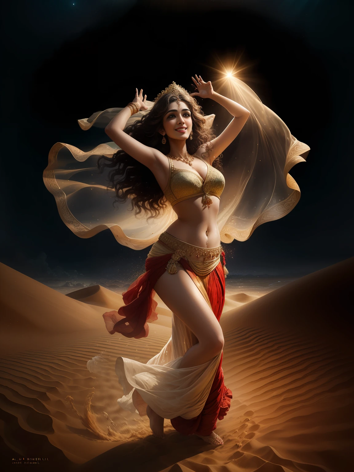 (masterpiece photography realistic) of a (solo:1.2) alluring sexy ravishing indian belly dancer Sonali bendre (belly dancing in sandy dunes:1.3) (wearing bedlah:1.3), magical moonlit starry sky, (big flowing hair with highlights), (detailed intricate face:1.3) (hair accessories), vivacious, lustful glance, exhilarated (beautiful detailed eyes:1.1) , (passionate smile:1.3) intense dramatic lighting, depth of field, bokeh, backlit, light rays, highly detailed, trending on artstation, paint splashes, rich colour, wind all around, abstract portrait, by Ron hicks