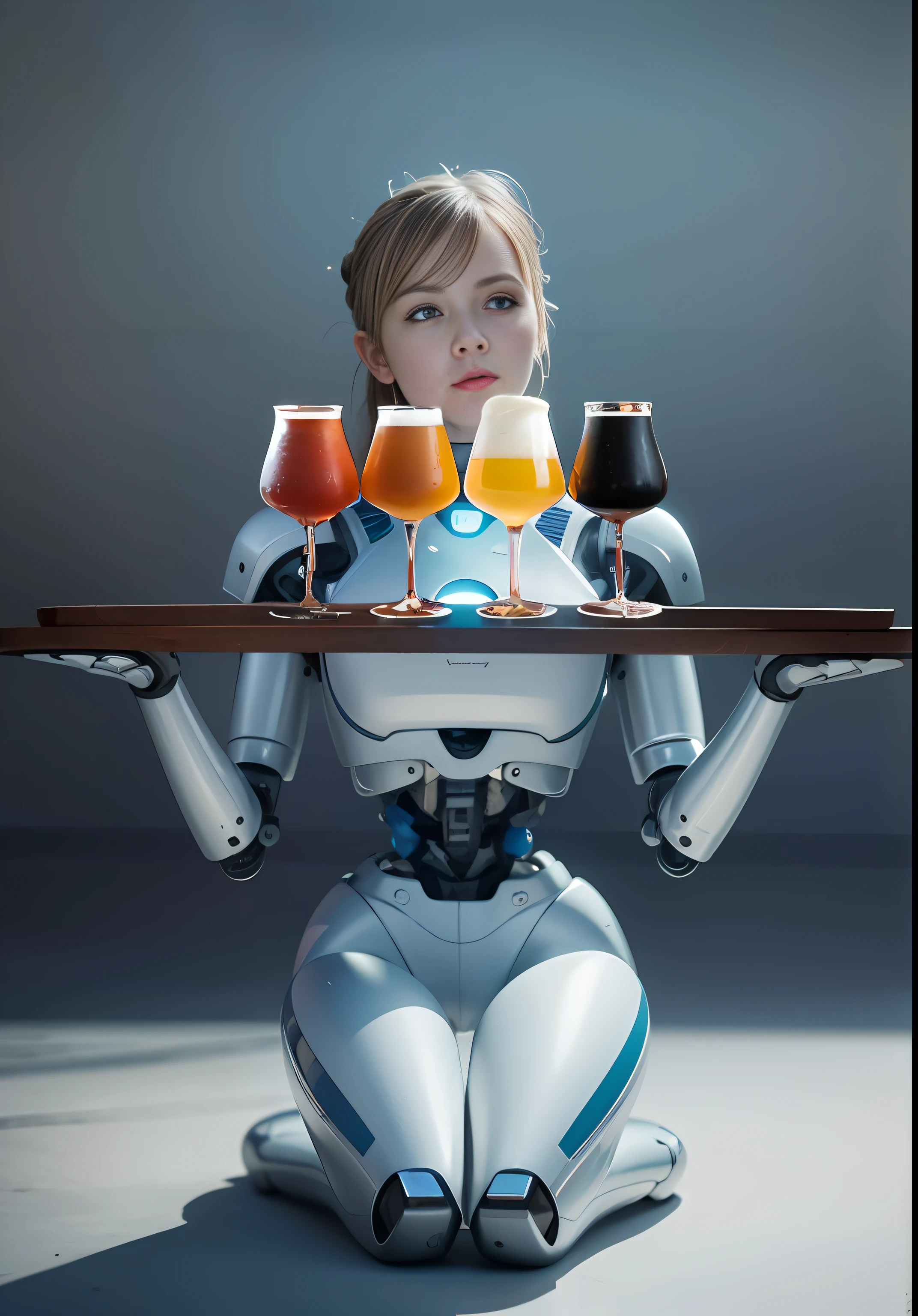 Alafard kneeling robot holding a wooden pallet with four beers, 4 glasses of beer, simple background, biomechanical oppai, cyberpunk advertising, ((robot robot)), glass robot, integrated synthetic robot, Last Supper realistic robot, cyborg aristocratic woman, augmented cyborg, beautiful seductive female cyborg, retro futuristic female robot, cyborg girl, complex 3d Render highly detailed beautiful ceramic silhouette female robot face, robot, robot parts, 150 mm, beautiful studio soft light, edge light, vibrant details, luxury cyberpunk, lace, surrealism, anatomy, facial muscles, cables, microchips, elegant, beautiful background, octane rendering, HR Giger style, 8k, best quality, masterpiece, illustration, very refined and beautiful, very detailed, CG, uniform, wallpaper, (fidelity, fidelity: 1.37), Amazing, fine details, masterpiece, best quality, official art, very detailed CG unified 8k wallpaper, ridiculous, incredibly ridiculous, robot, silver helmet, full body, sitting to write