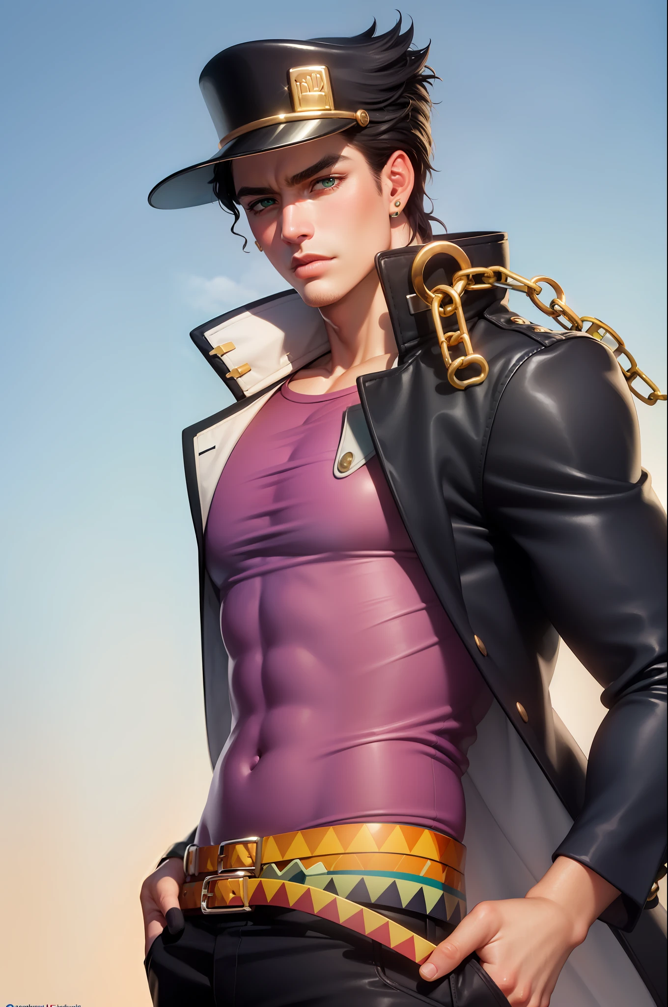 (masterpiece, best quality:1.2), cowboy shot, solo, male focus, 1boy, kujo jotaro, muscular male, serious, closed mouth, looking at viewer, hands in pockets, hat, green eyes, school uniform, gakuran, long coat, jewelry, earrings, chain