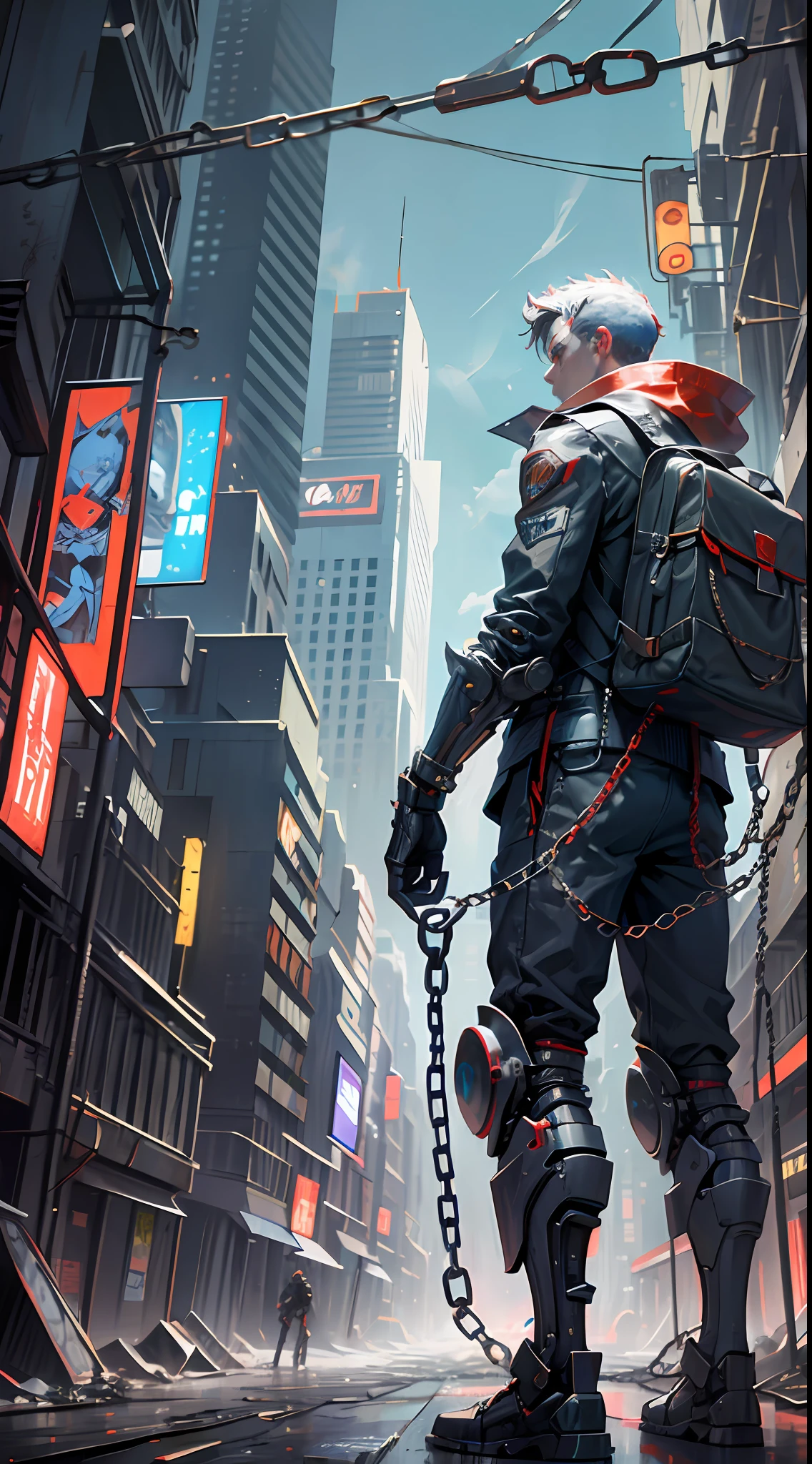 Dark_Fantasy,Cyberpunk,(chain saw,chain saw man,Red:1.1),1man,Mechanical marvel,Robotic presence,Cybernetic guardian,