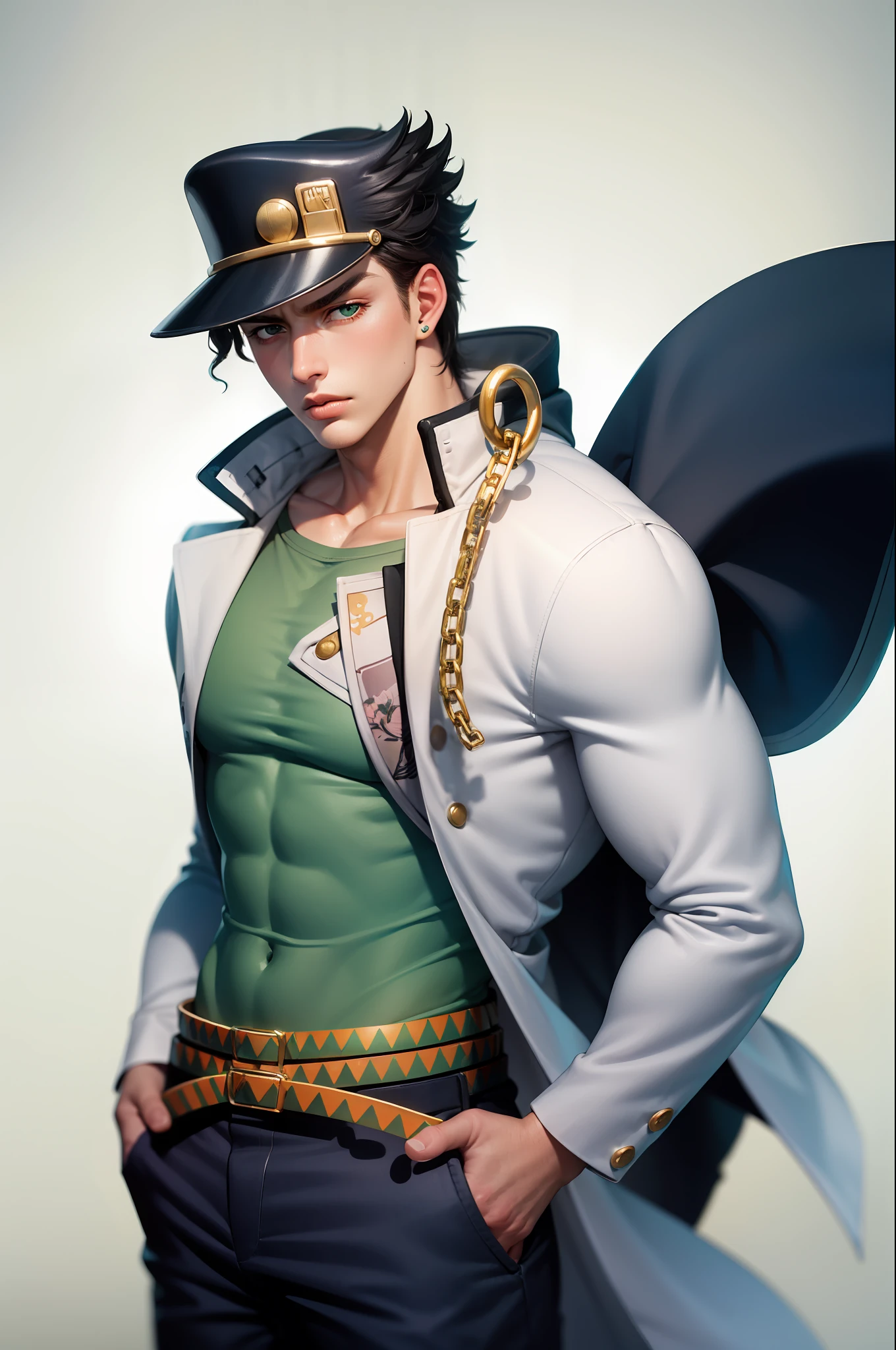 (masterpiece, best quality:1.2), cowboy shot, solo, male focus, 1boy, kujo jotaro, muscular male, serious, closed mouth, looking at viewer, hands in pockets, hat, green eyes, school uniform, gakuran, long coat, jewelry, earrings, chain