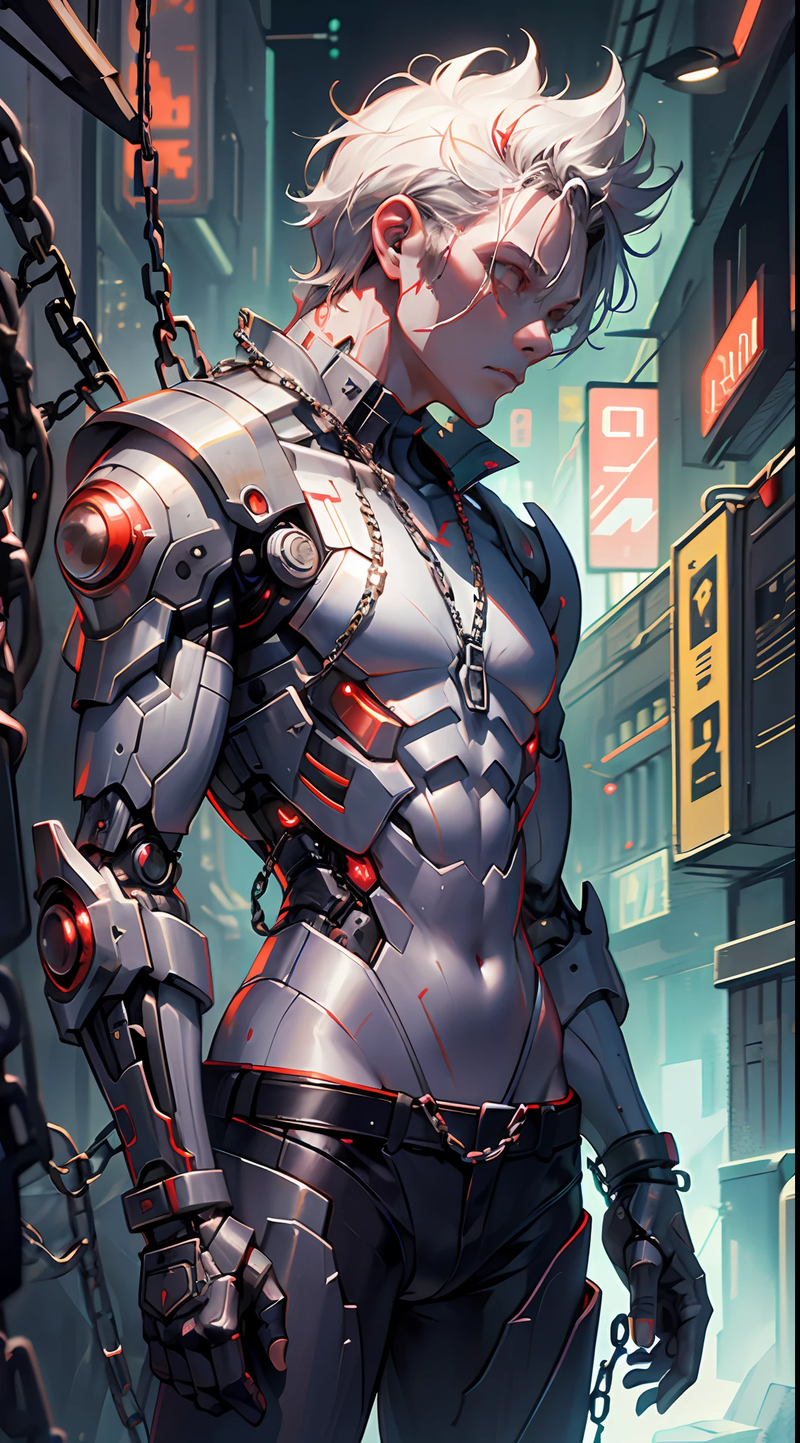 Dark_Fantasy,Cyberpunk,(chain saw,chain saw man,Red:1.1),1man,Mechanical marvel,Robotic presence,Cybernetic guardian,
