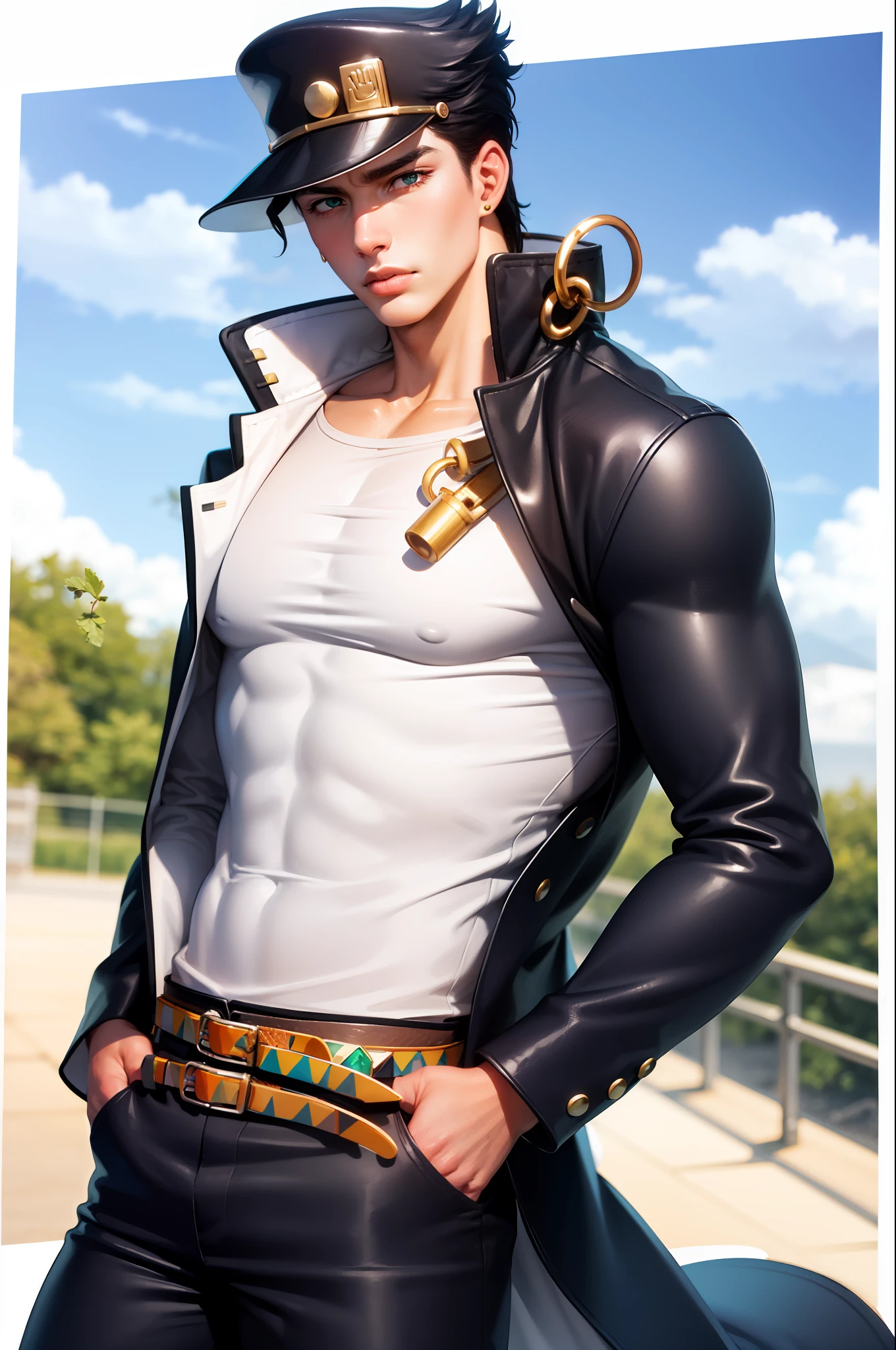 (masterpiece, best quality:1.2), cowboy shot, solo, male focus, 1boy, kujo jotaro, muscular male, serious, closed mouth, looking at viewer, hands in pockets, hat, green eyes, school uniform, gakuran, long coat, jewelry, earrings, chain