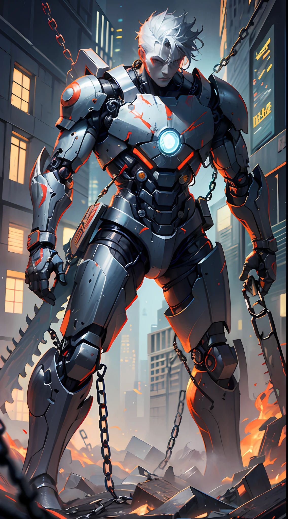 Dark_Fantasy,Cyberpunk,(chain saw,chain saw man,Red:1.1),1man,Mechanical marvel,Robotic presence,Cybernetic guardian,