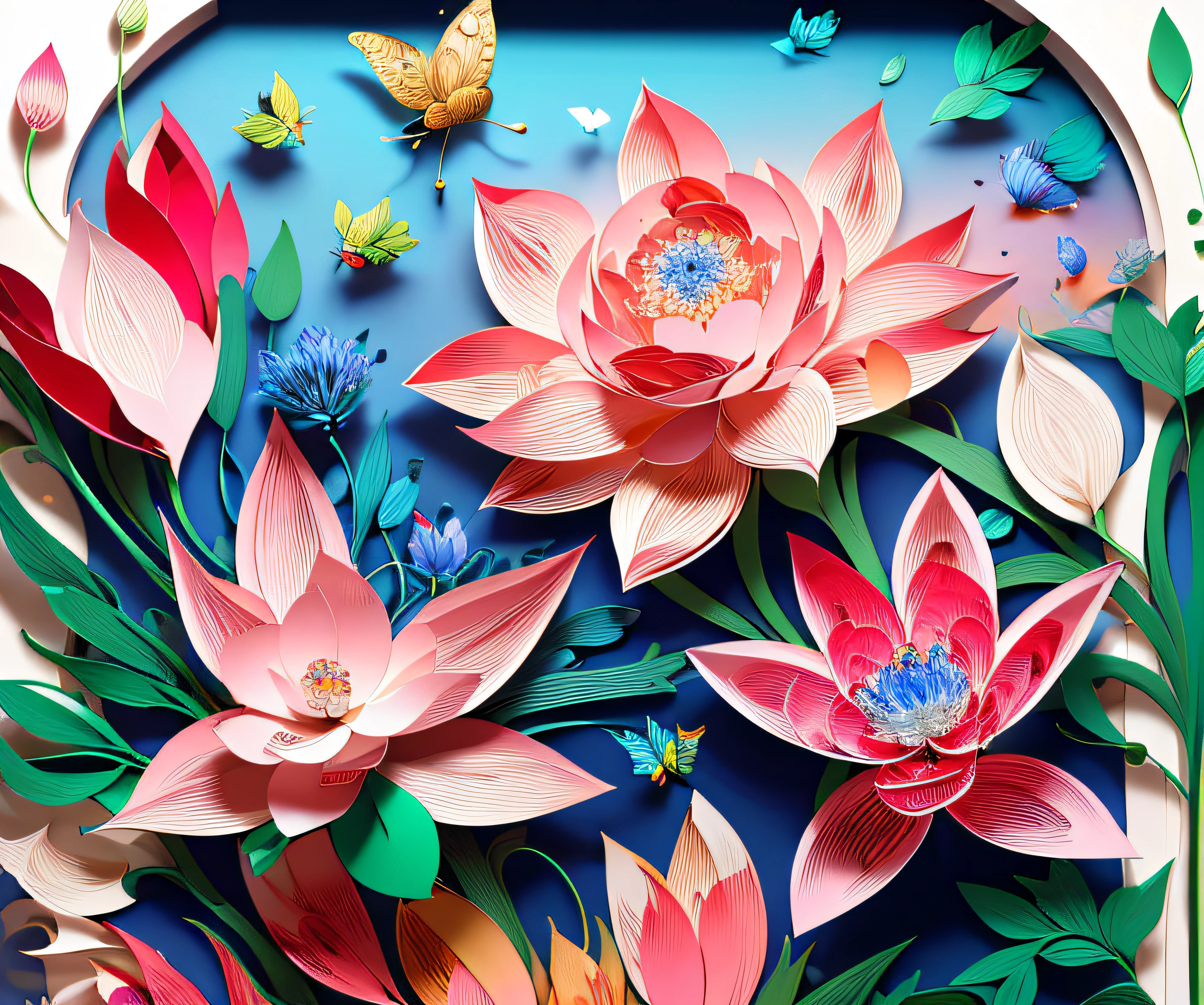 realistic, (best quality, masterpiece: 1.3), illustration, large butterfly in center, floating in gardenias, cloudy sky, paper_cut, pattern, background of pink colors