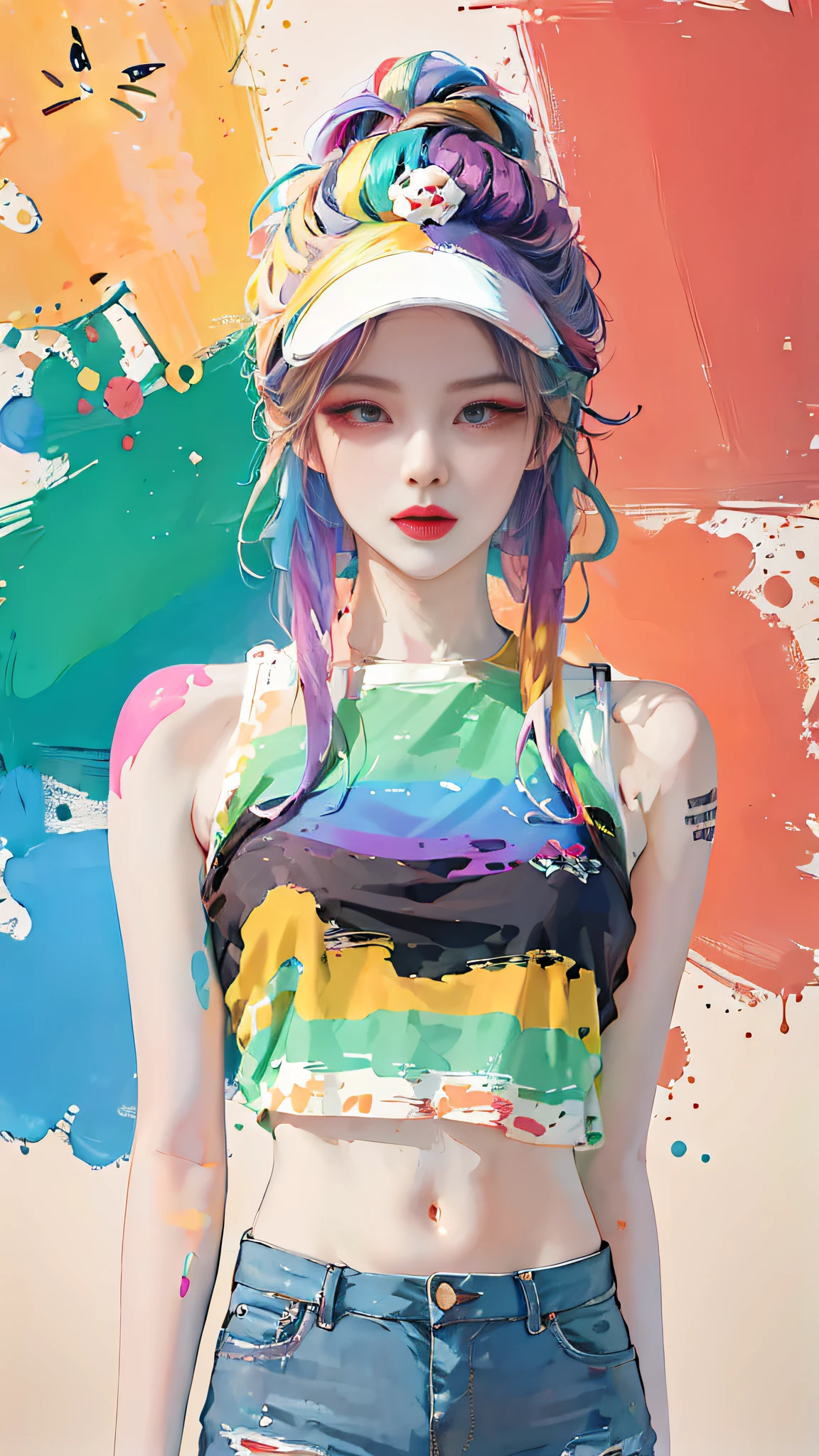 arafed woman with colorful hair and a hat standing in front of a colorful wall, colorful digital painting, colorful]”, rossdraws pastel vibrant, inspired by Yanjun Cheng, rossdraws cartoon vibrant, watercolor artstyle, colorful aesthetic, colorful, colorful ink, colorful fashion, unearthly art style, watercolor style, digital painting style, rainbow clothes