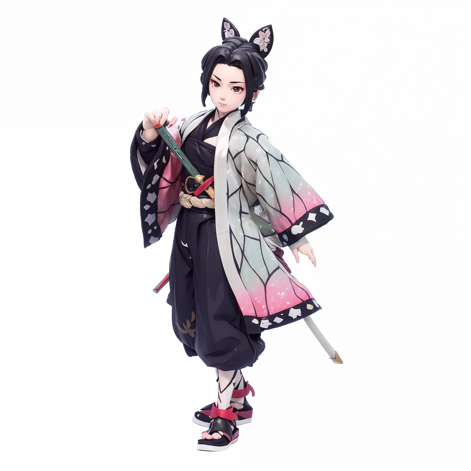 a close up of a figurine of a person with a sword, kimetsu no yaiba, akiyuki shinbou, fox nobushi holding a naginata, rin, tanjiro kamado, demon slayer artstyle, inspired by Okumura Masanobu, koyoharu gotouge, stylized anime, demon slayer rui fanart