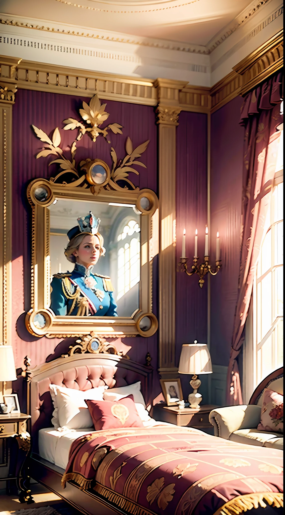 Queen of England in her bedroom, interior of Buckingham Palace in 1970s, high resolution, high details, ultra details, cinematic (photorealistic:1.4), 8k uhd, (hyper realistic), (photo realistic), (masterpiece), (best quality)