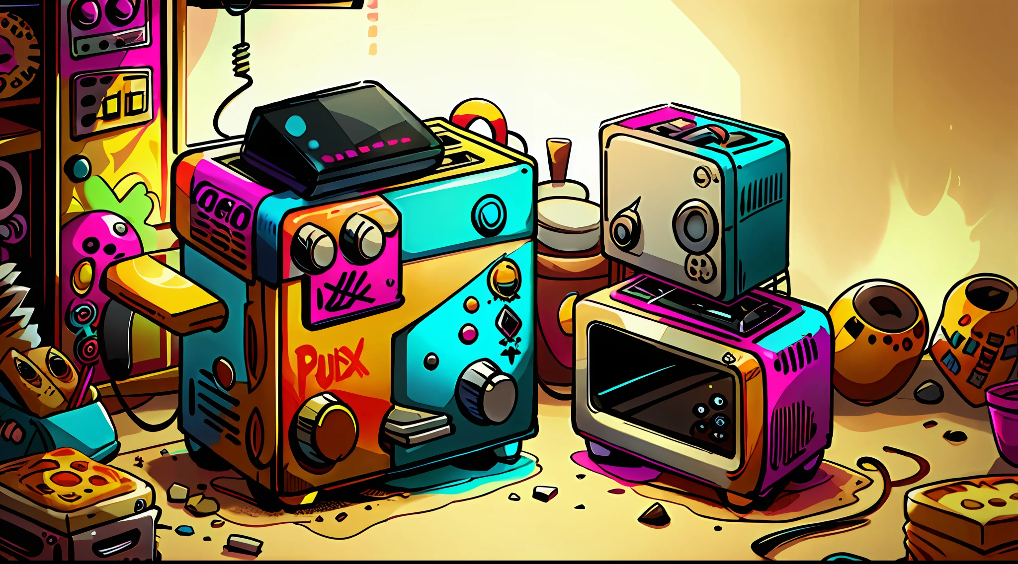 PunkPunkAI colorful 
toaster  , cluttered environment