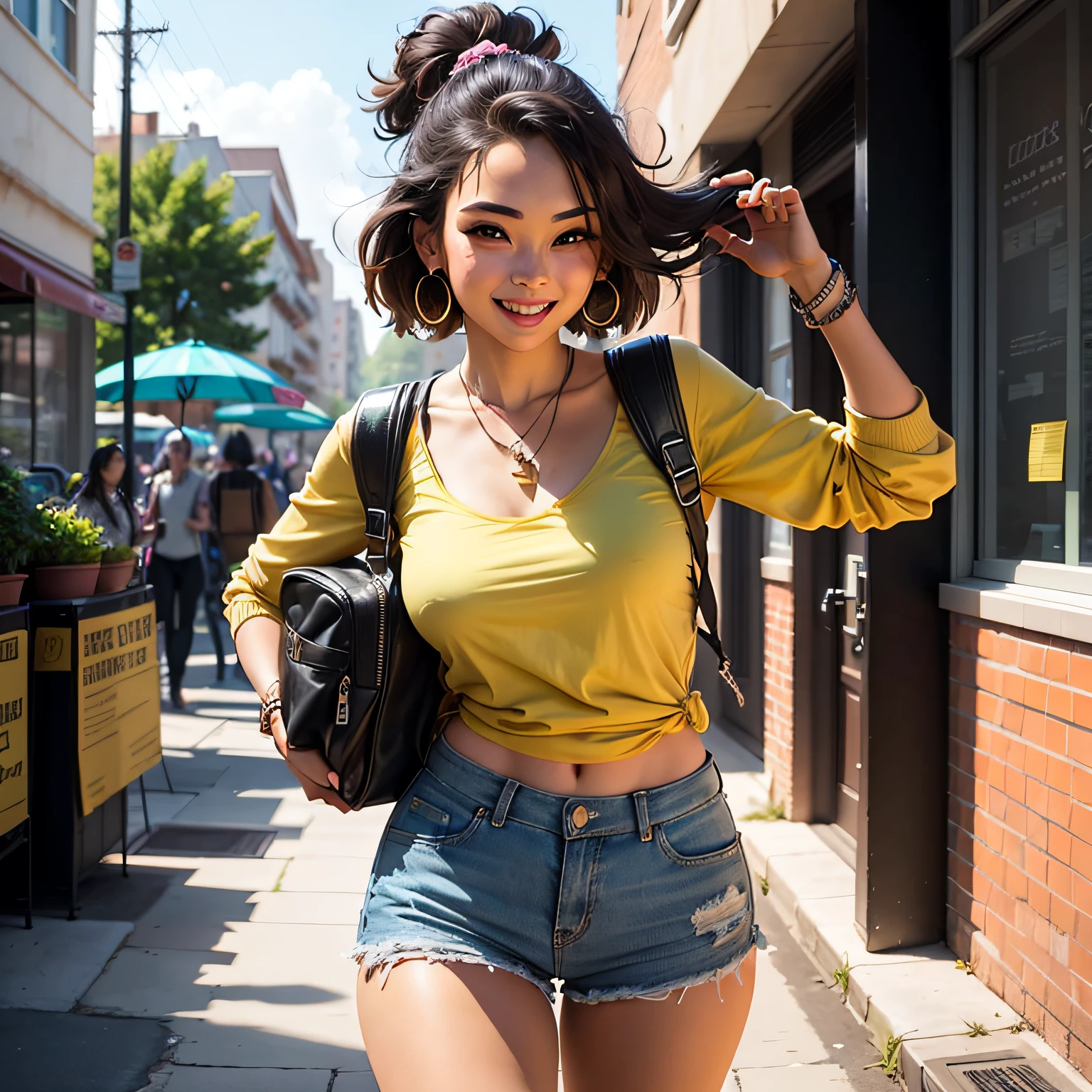 Gameart, Maya - The Energy Traveler, Maya is a young and small traveler who exudes an infectious energy wherever she goes. Her vibrant personality is perfectly complemented by her choice of clothing, which consists of a striking yellow ensemble that radiates positivity and enthusiasm. - Physical Appearance: Maya has a small, slender frame emphasizing her youthful charm. It is at an average height with a thin and agile construction. His face is adorned with a cheerful smile and his eyes sparkle with curiosity and excitement. Her hair is combed in a carefree manner, reflecting her spontaneous nature. Clothing style: Maya's clothing style is modern and modern, reflecting her youthful spirit and love of adventure. She embraces a vibrant yellow color as her top choice, which instantly grabs attention and exudes a sense of positivity and energy. Her outfit consists of a combination of a short top and high-waisted shorts, allowing her to move freely and comfortably during her travels. The top is designed to be sleek and chic, while the shorts offer practicality and ease of movement. The fabric is light and breathable, suitable for various climates and environments. Accessories: Maya complements her look with playful and colorful accessories that further enhance her energetic personality. She may wear a stack of vibrant bracelets on her wrist or sport a necklace with a pendant that represents a symbol of adventure or wandering desire. She may also have a backpack or a crossbody bag that complements her outfit, allowing her to carry her travel essentials in style. Personality: Maya's personality is characterized by her fun and lively nature. She is always ready for new experiences and is constantly seeking excitement and adventure. --auto