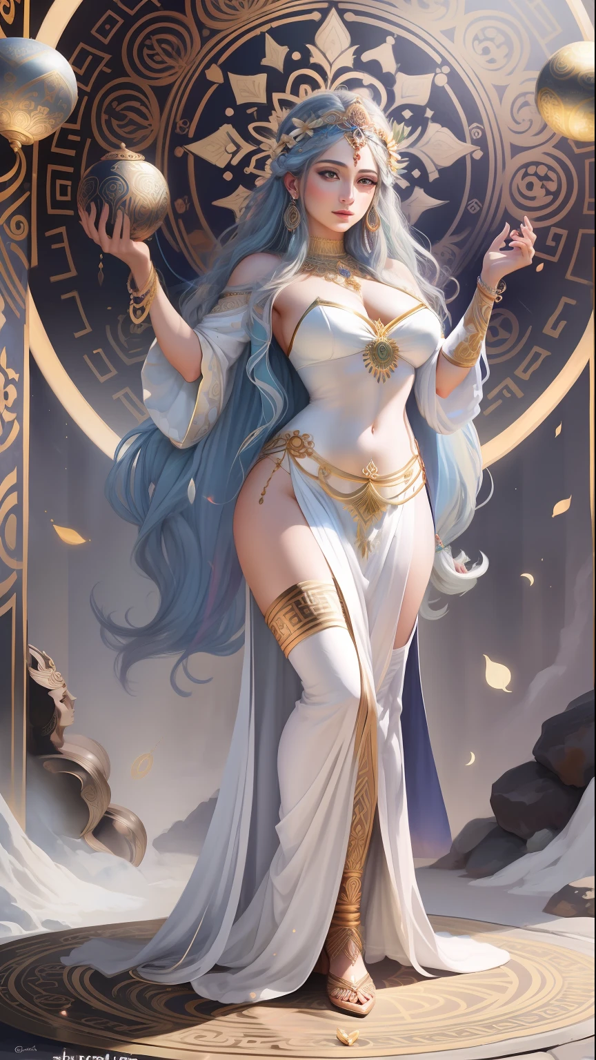 goddess Hera, beautiful, Greek goddess, queen of the gods of Olympus, beautiful body, perfect body, full body, masterpiece, dressed in Greek, behind of the goddess Hera is her mandala in all its splendor, with its symbols of hera, bright energy in the mandala and taking out a lot of spiritual energy in the mandala energy leaving her body