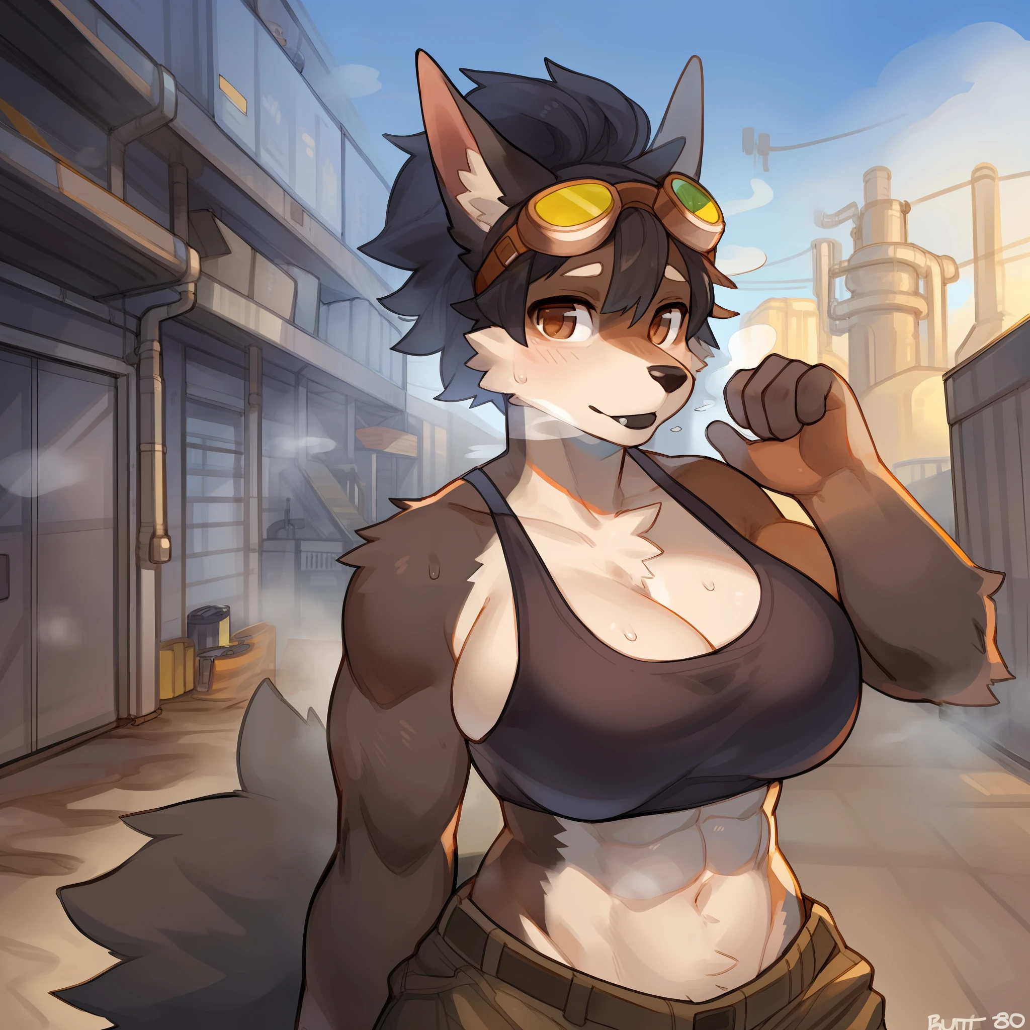 solo, female, standing, canine, black fur, black body, black hair, pompadour, pompadour haircut, lips, black lips, black nose, tall ears, dobermann, snout, brown eyes, detailed eyes, detailed hands, muscular, big breasts, large biceps, white tank top, cleavage, abs, sweat, steam, baggy cargo pants, goggles, garage, open garage door, city, smog, smoggy, smoky, hazy, factories, smokestacks, by glitter trap boy, by buta99, by bebebebebe, by chelodoy