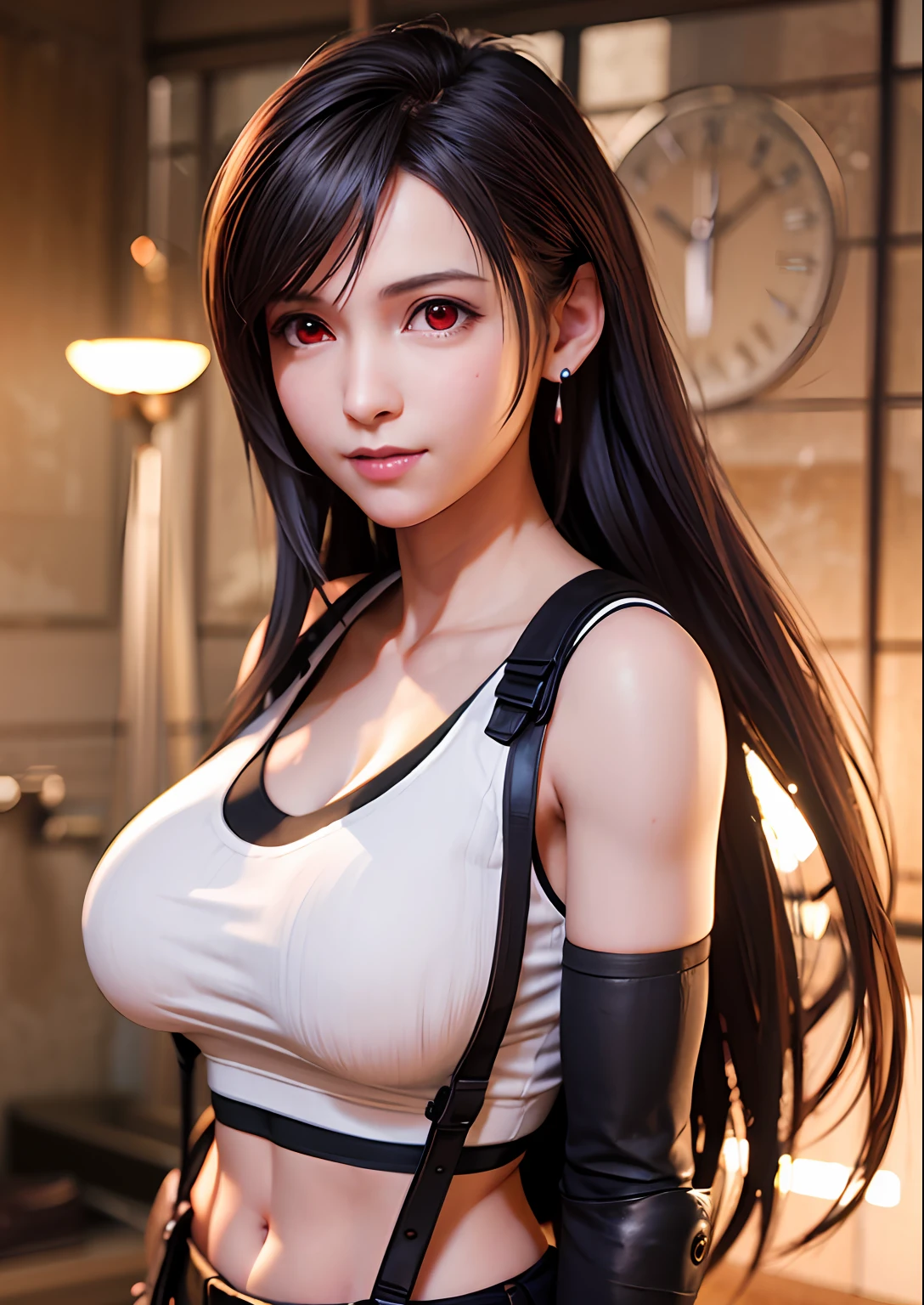 (, blush, 20yo, narrow eyes) (Photorealistic: 1.4), Solo, Top Quality, Very Delicate and Beautiful, High Definition, 1girl, tifa_lockhart, Smile, Cowboy Shot, Suspenders, Low Rise, Mini Skirt, Tank Top, Tense Shirt, Black Hair, Long Hair, Elbow Gloves, Beautiful Detailed Red Eyes, Face Light, Movie Lighting, Navel, ( gigantic breasts: 1.0), old bars, background blurred, fluttering hair, adult beautiful woman