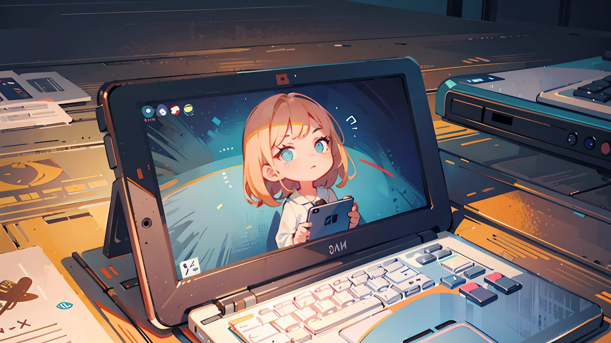 Someone sitting at a table with laptop and a cup of coffee, lo-fi illustration style, flat illustration, illustration style, animated illustration style, detailed 2D illustration, digital 2D illustration, cartoon style illustration, commercial illustration, 2D illustration