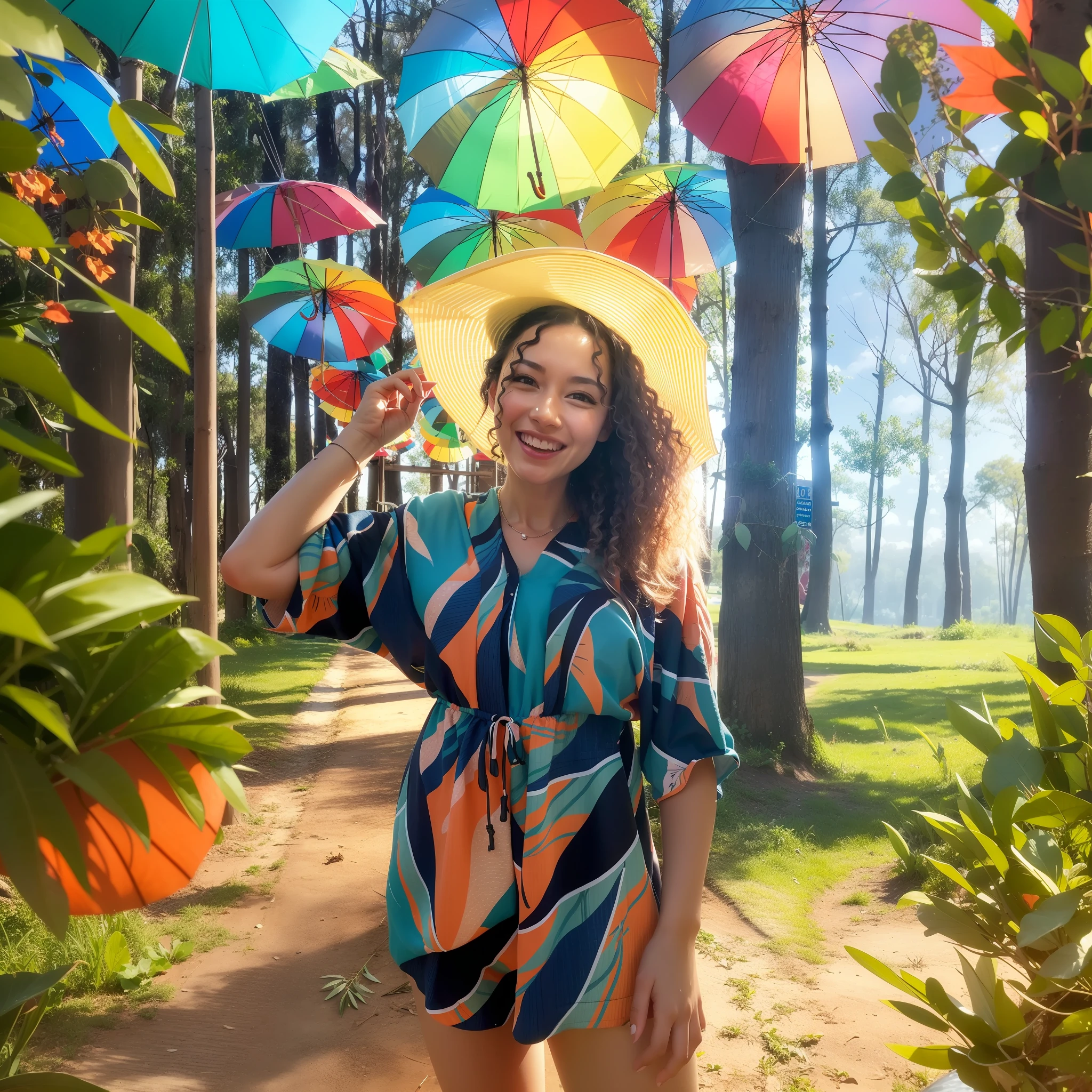 photo realism, park, sunny day, eucalyptus forest, colorful umbrellas floating at the top of the picture, happiness, joyful day, grass,