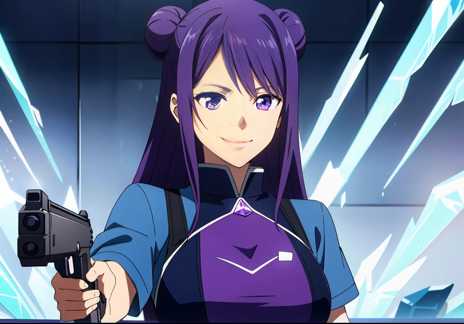 Masterpiece, best quality, very detailed, long purple hair, long hair and two buns but with long hair behind, wearing a latex suit, blue school suit, inside a crystal mine, apocalyptic, talking smiling, beautiful eyes, pink eyes, movement blurr, anime screencap, anime coloring. dark purple hair, extremly detailed, detailed, beautiful eyes, purple hair, 1girl, fighting, holding gun, anatomy, breasts, detailed anatomy((dark hair)) ((purple hair)), dark hair, dark purple hair, purple hair (gun) (solo) ((boobs)) ((detailed chest)) ((gun)) 4k, extremly detailed, good quality, motion blur, cinematic lighting, 8k, best quality, high details, high quality, 1080P, 16k, HD