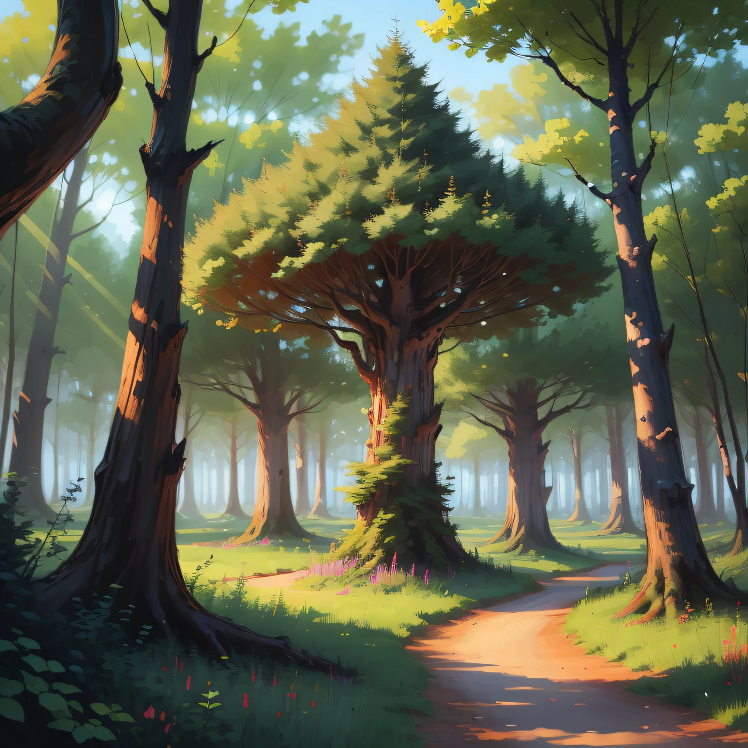 An enchanted forest with tall and colorful trees.