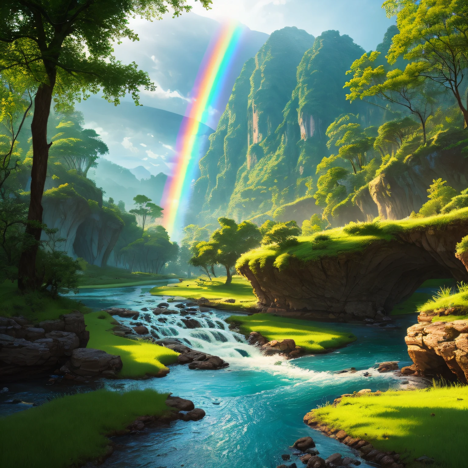 Image of a rainbow river running through a green valley, colorful waters, rainbow waters, rainbow river, magic river, valley with green trees. Rainbow, fantasy. ((8k:1.27), best quality, masterpiece, ultra highres:1.2) intricate elegant, fantasy, detailed, metric by Greg Rutkowski and Alphonse Mucha, gradient lighting