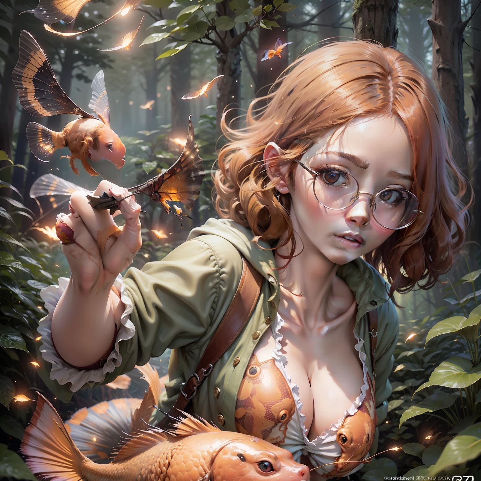 1 girl, cute, curly red hair, round glasses, flying over a goldfish across the sky in a fantasy forest, fireflies flying around her. Ultra detailed, 8K, HDR, Octane Render, Redshift, Unreal Engine 5. Professionally graduated color, atmospheric, incredible depth, rich colors, powerful images, psychedelic hues, 4K, 8K. glasses