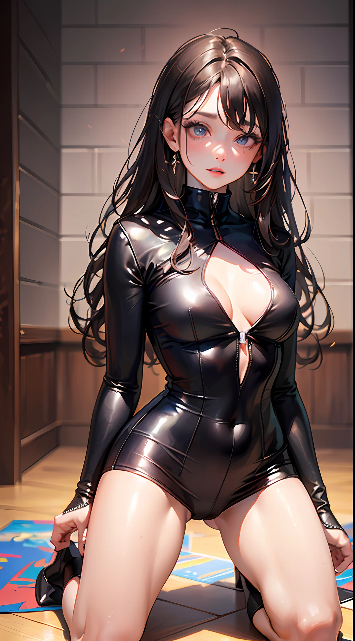((top quality, 8k, masterpiece: 1.3)), beauty, 1 girl, beautiful: 1.3, slender abs: 1.1, dark brown hair, (kneeling on the floor, legs open: 1.2), ultra detailed face, highly detailed lips, detailed eyes, double eyelids
