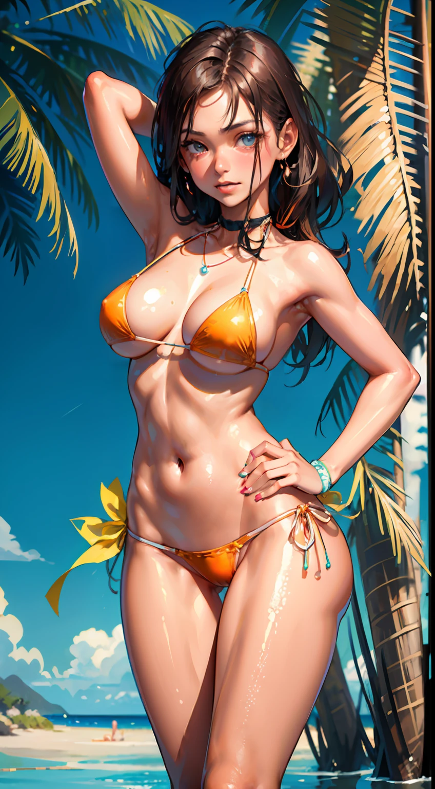 arafed woman in orange bikini and orange stockings posing for a picture, wearing pearl neon bikini, shiny plastic bikini, in bikini, tanned body, tiny bikini, full body shot in bikini, in a bikini, bikini model, cute bikini, tanned, realistic bikini, sling bikini, large breasts size, wearing spandex bikini, wearing a bikini