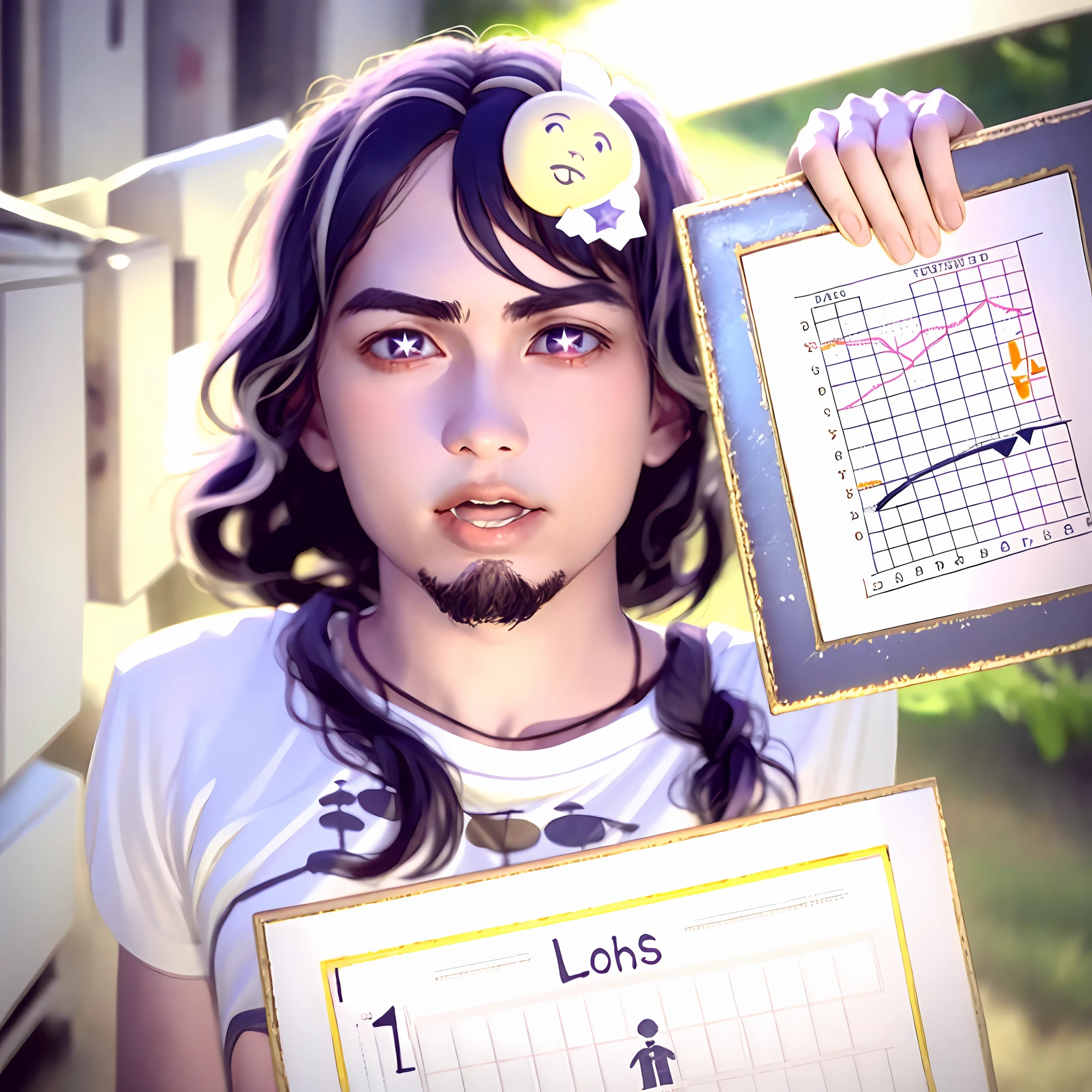 LookAtThisGraph
1boy, holding, sign, holding sign Hoshino Ai, long hair, purple hair, streaked hair ,purple eyes, star-shaped pupils, hair ornament,