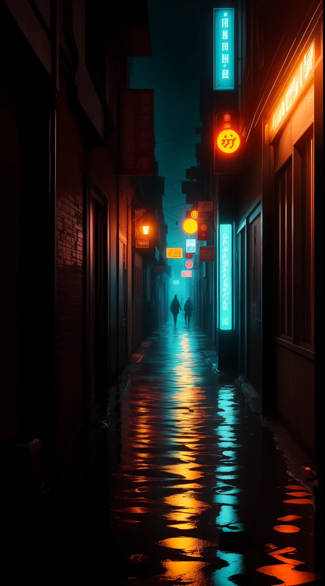 A dark and rainy alley, illuminated by vibrant neons that reflect in puddles of water, cyberpunk aesthetics, action film shot by Kon Satoshi, Semi Impasto style, matte painting, atmospheric, bright, dramatic lighting
