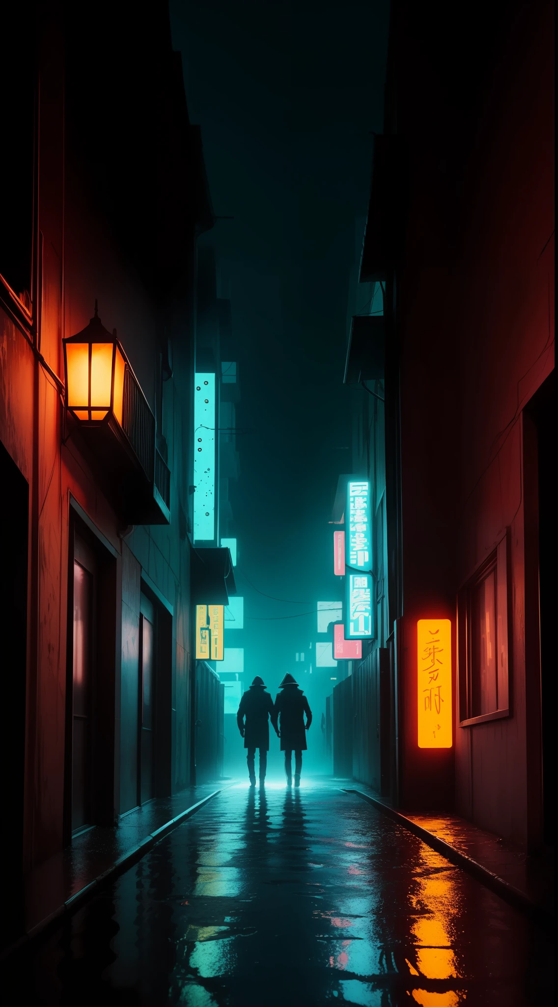 A dark and rainy alley, illuminated by vibrant neons that reflect in puddles of water, cyberpunk aesthetics, action film shot by Kon Satoshi, Semi Impasto style, matte painting, atmospheric, bright, dramatic lighting