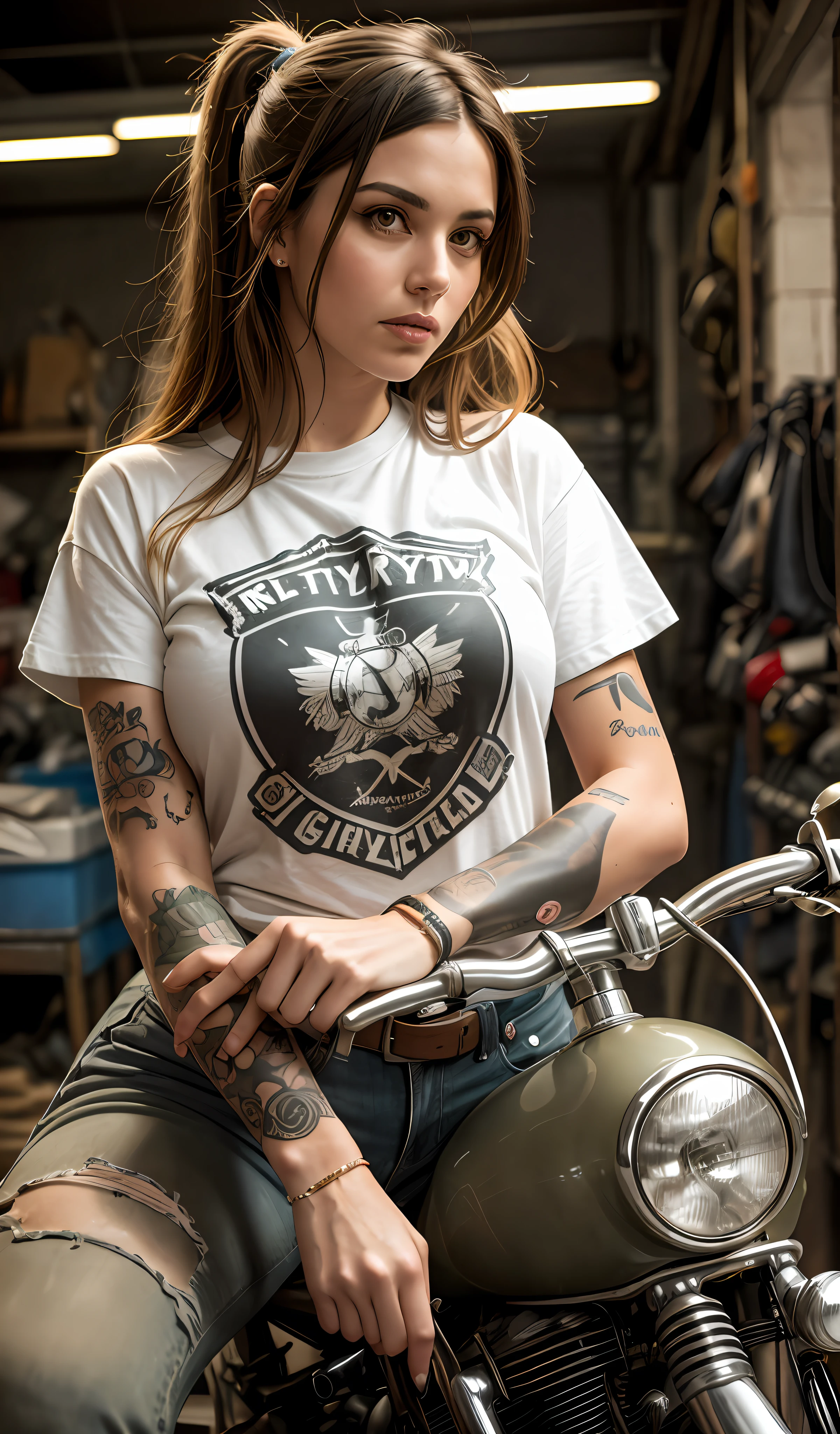 photo portrait of a cool female mechanic in a rusty garage, dynamic pose near a mean looking motorcycle, (in a vintage khaki breastplate), dirty t-shirt, discussed long hair rusty garage (tattoo)