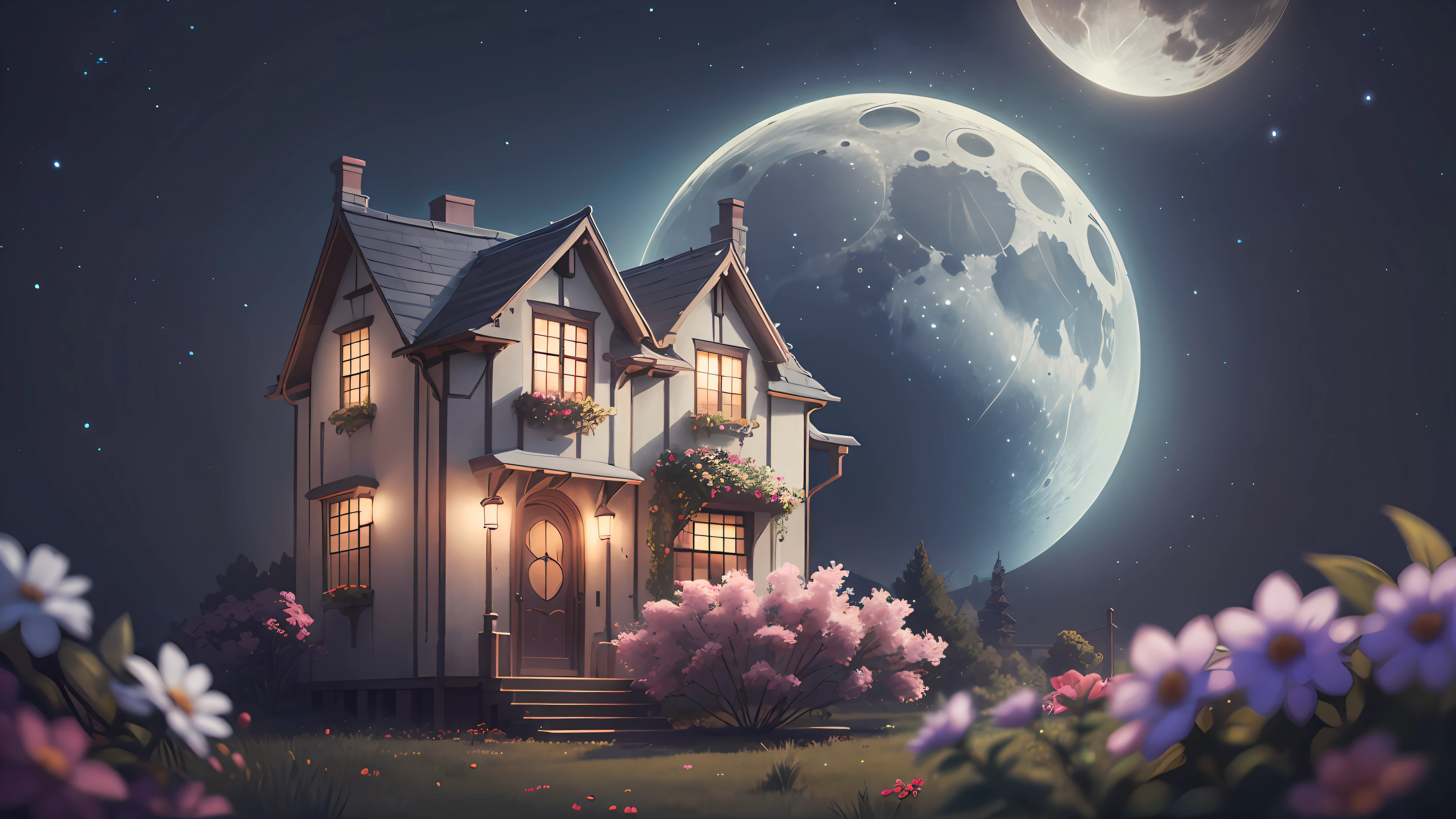 Cartoon HD, looking at the simple house in front of you, you can't help but be enchanted. night with a beautiful moon. Closer inspection reveals intricate details such as tiny flowers blooming in front and thin drapes framing the windows. As you marvel at the sight before you, 8K, Ultra-HD, --auto --s2