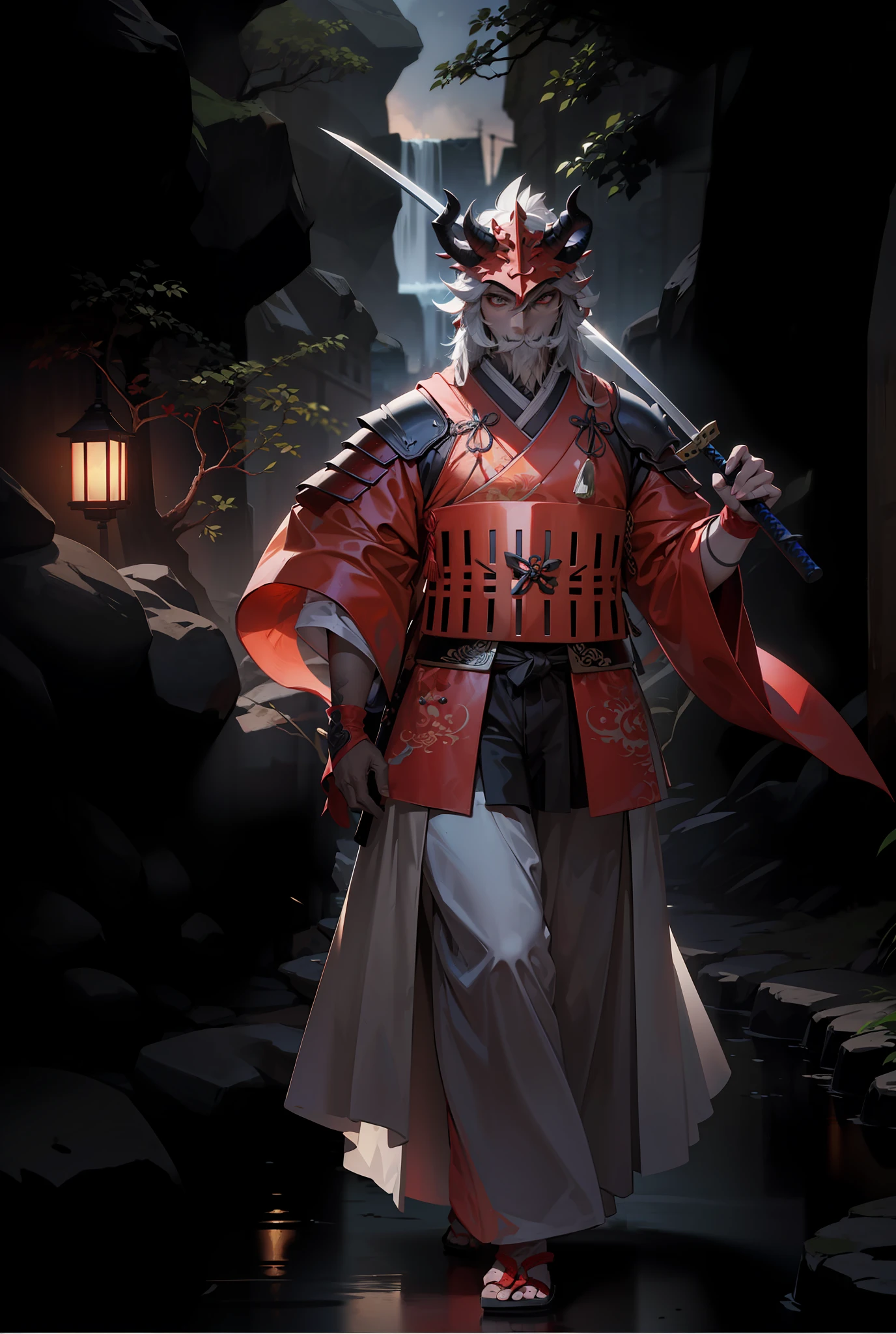 Chinese dragon head, blue horns shaped branch,Samurai,4k,red gloves,black pants