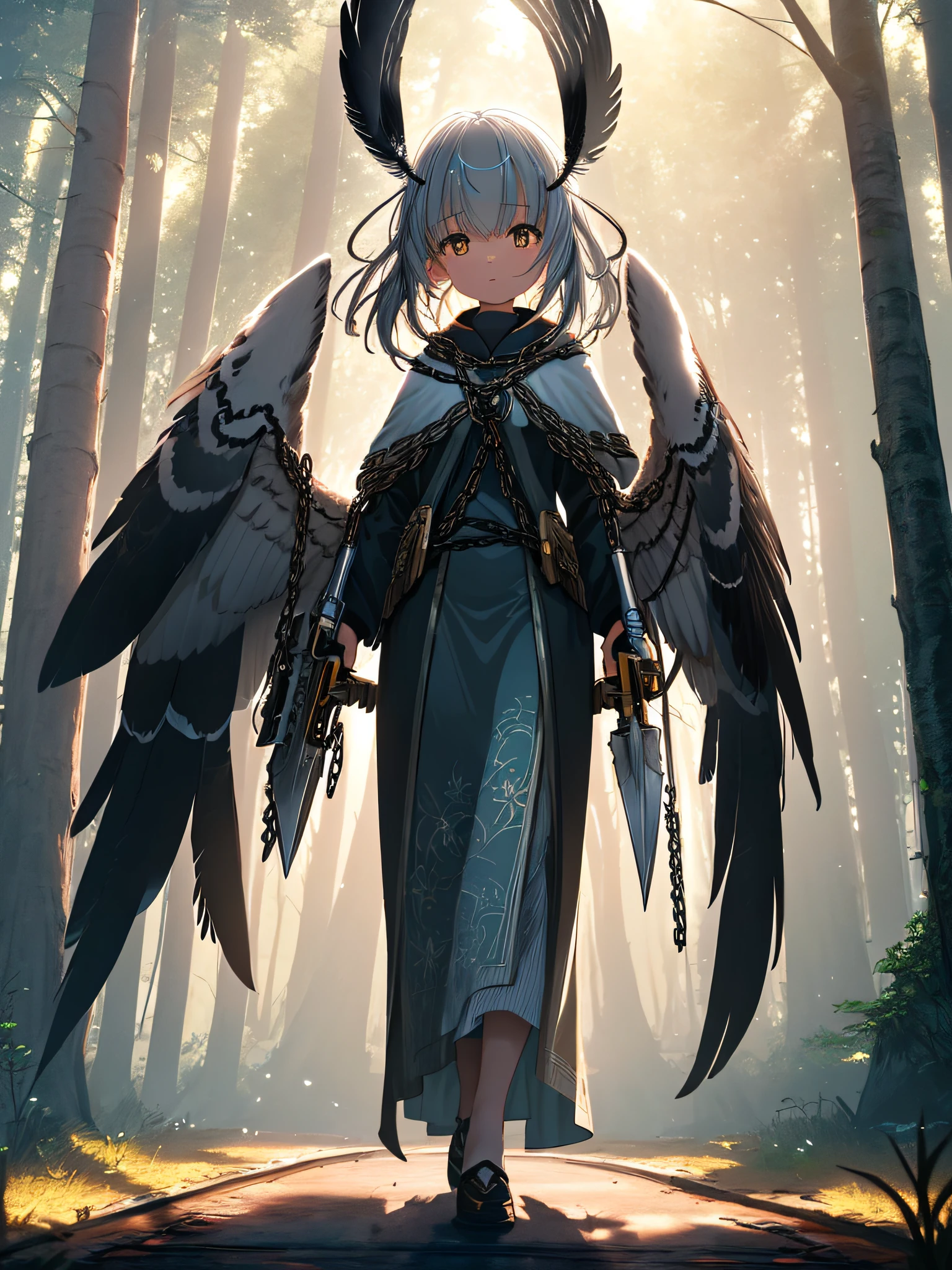 (extremely detailed CG unity 8k wallpaper, masterpiece, best quality, ultrarealistic),(best illumination, best shadow, extremely delicate and beautiful), floating, an owlin cleric,(black feathers:1.1+chain weapon:1.2), in the twilight forest.