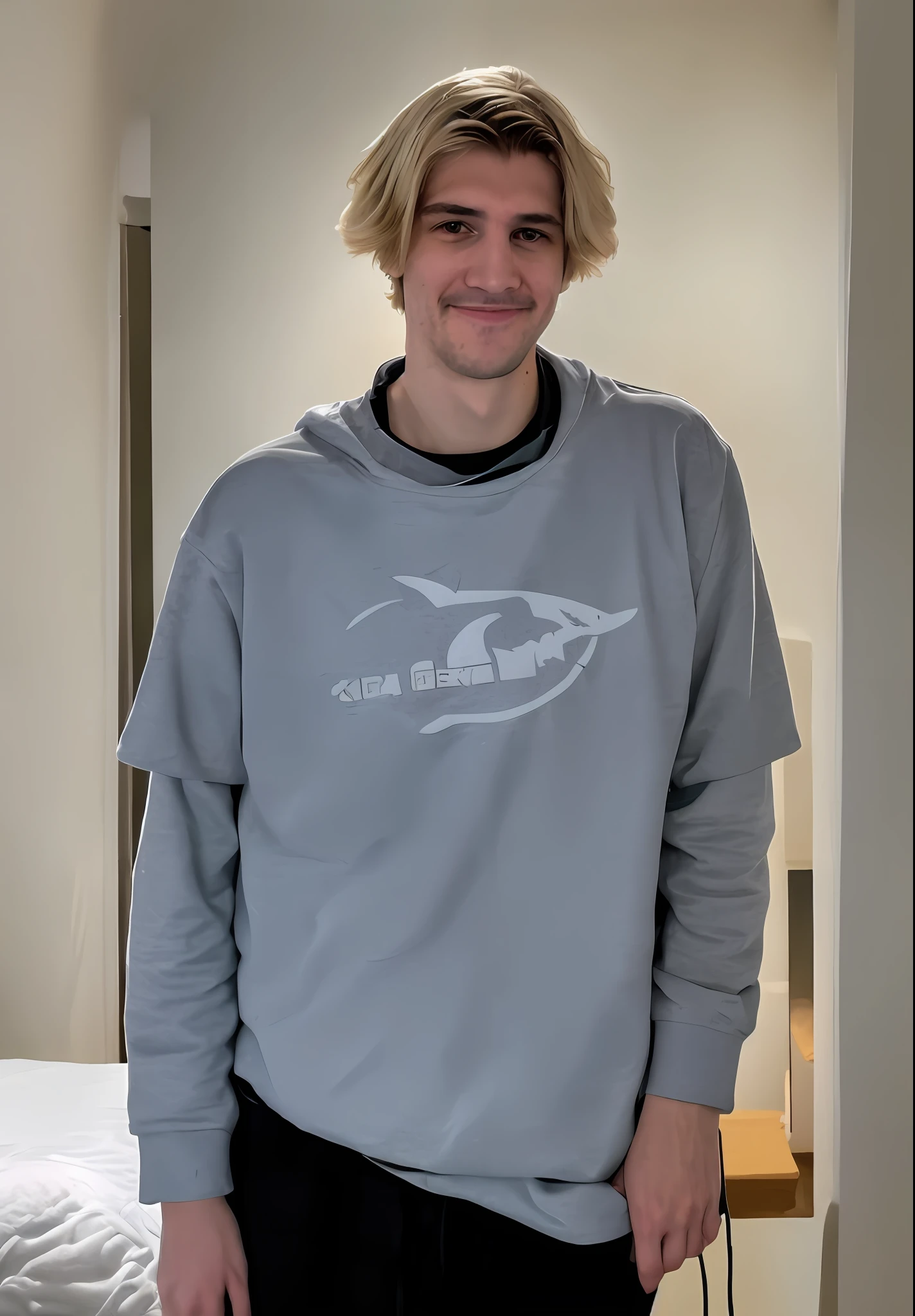 RAW photo, 1man, xqc, tall male, light smile, on bed, little mustache, holding ikea shark, quilt, indoors, mood lighting, golden hour, looking at viewer, (high detailed skin:1.2), 8k uhd, dslr, soft lighting, high quality, film grain, Fujifilm XT3