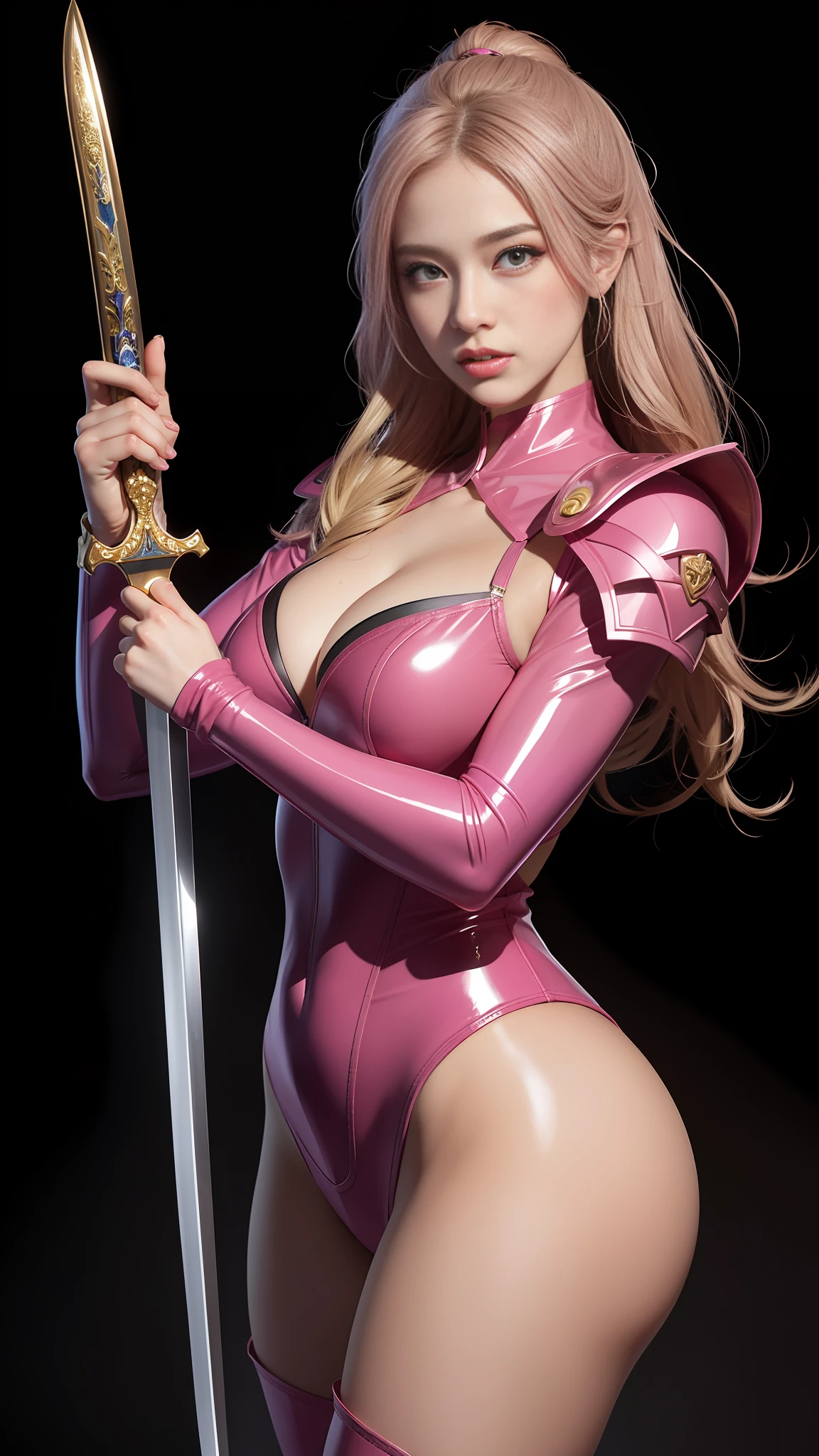 Close-up of a woman in pink latex costume holding a sword, dark eye shadow, smooth pink armor, WLOP glossy skin, WLOP and ArtGerm, divine rendering, thicc, extremely detailed ArtGerm, pinup. King of the Daggers, WLOP Rossdraws, inspired by the legendary master of St. Lucy, IG Model | Art Germ, by Oliver Sheen
