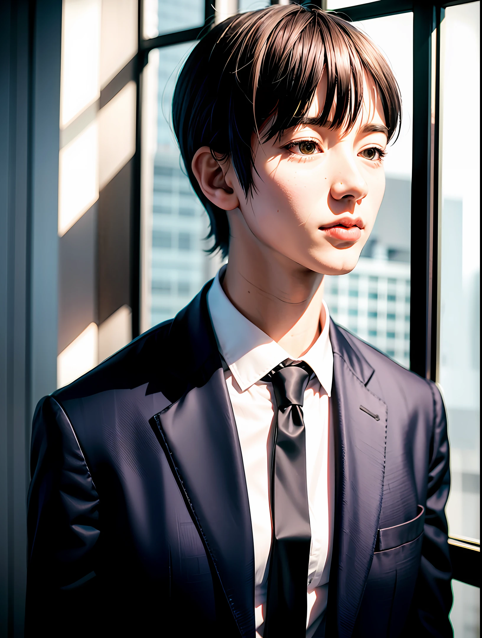 1boy, face focus, adult, business suit, jacket, white shirt, necktie, pants, best quality, hires, detailed face, office, buildings from window, detailed background, diffused sunlight, depth of field, bokeh
