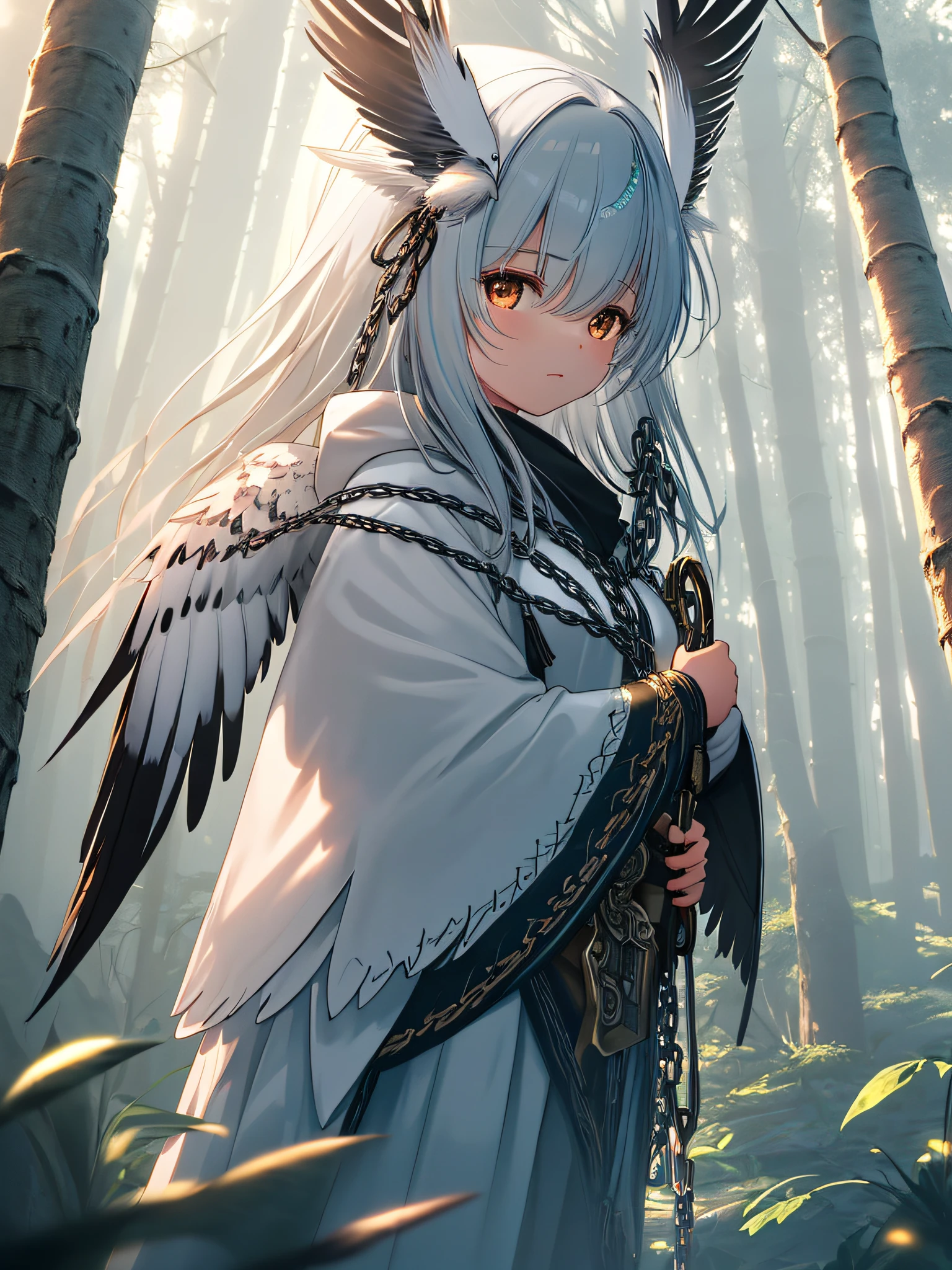 (extremely detailed CG unity 8k wallpaper, masterpiece, best quality, ultrarealistic),(best illumination, best shadow, extremely delicate and beautiful), floating, an owlin cleric,(black feathers:1.1+chain weapon:1.2), in the twilight forest.