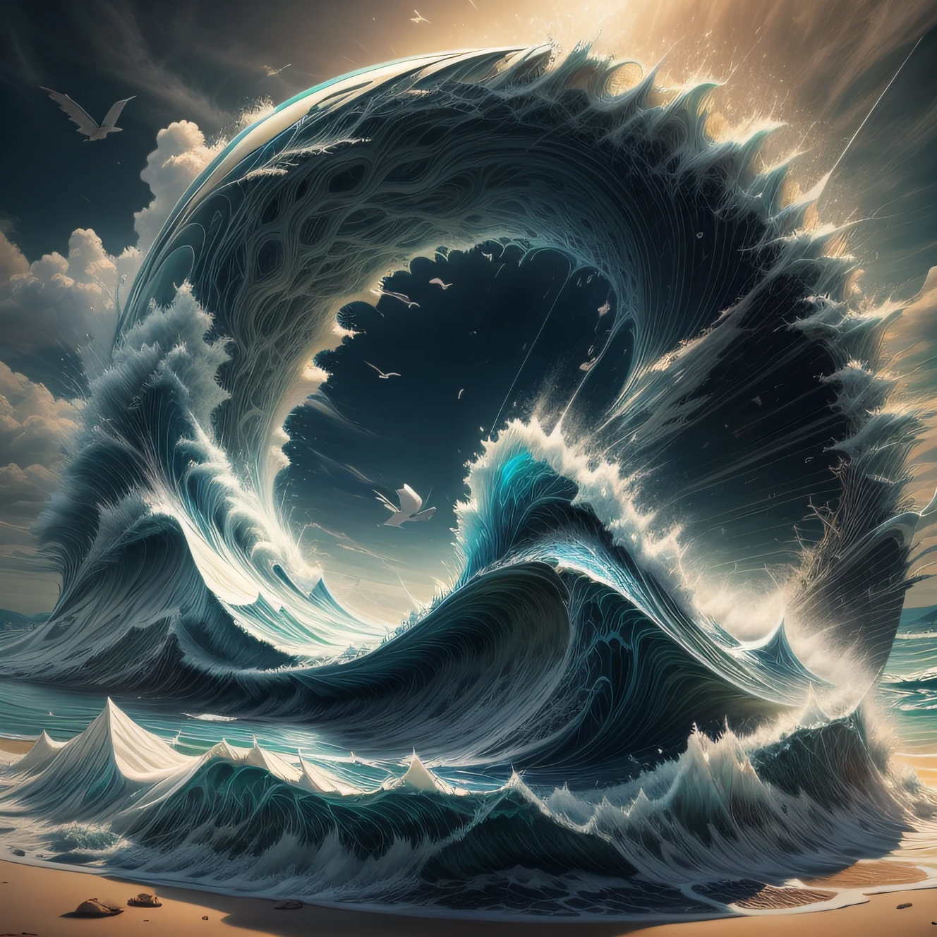 An elegant circular logo for the artificial intelligence company SeaArt resembling a cresting wave, featuring shades of deep blue and white