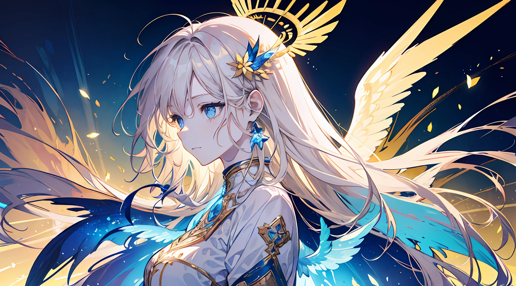 16k, a little girl, beautiful, otherworldly, elegant, blue eyes, full body, long blonde hair, simple dress, white and blue long dress, extreme details, golden streamer surrounding, angel descending, magic array, (three pairs of huge wings), masterpiece, concept art, hands open, facial details presented, upper body, side view, eye details