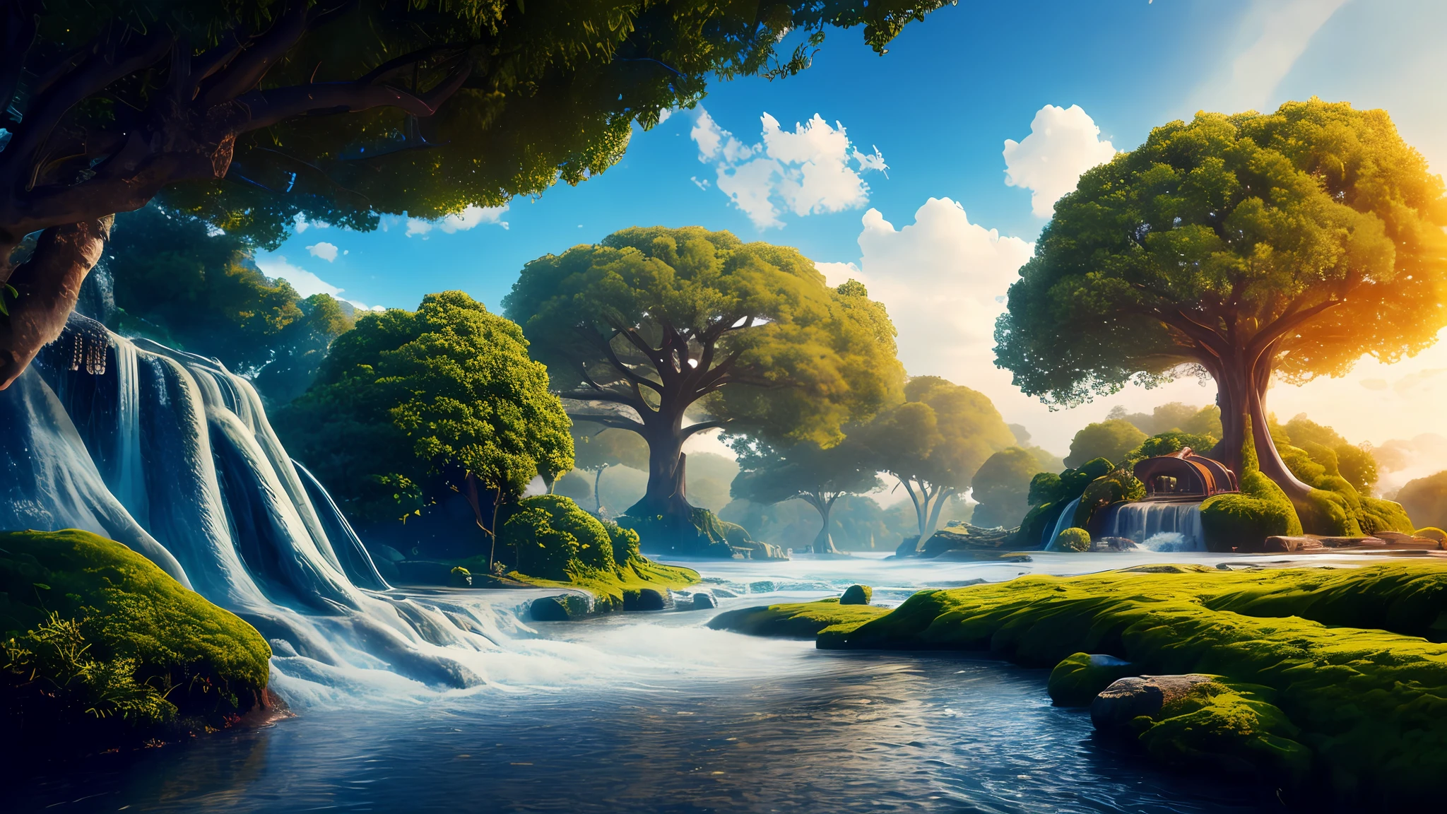 masterpiece, best quality, high quality, extremely detailed CG unity 8k wallpaper, a hyperrealistic colossal cyan raintree, in a futuristic prehistoric village, splashing water, sandy debris, lens flares, sunshaft, fluffy clouds, Hyperdetailed, HDR, bloom, Photorealistic, hyperdetailed