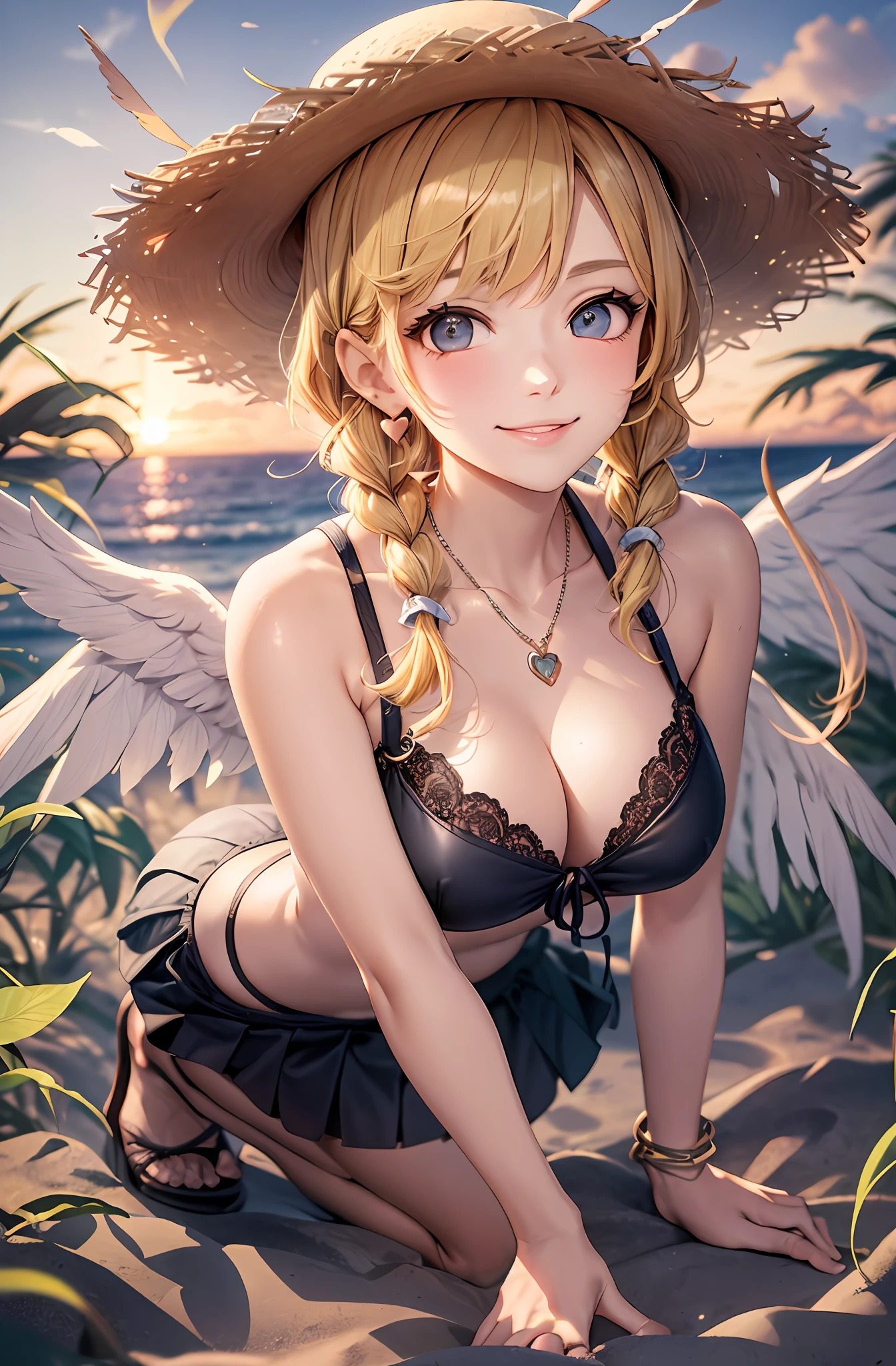Blonde  hair. Pigtails. Miniskirt. Earring. Angel wings. Heart-shaped vacant chest. Heart logo. Smile. Sunset beach. Straw hats. White wings. Kneeling. Get on your knees.
