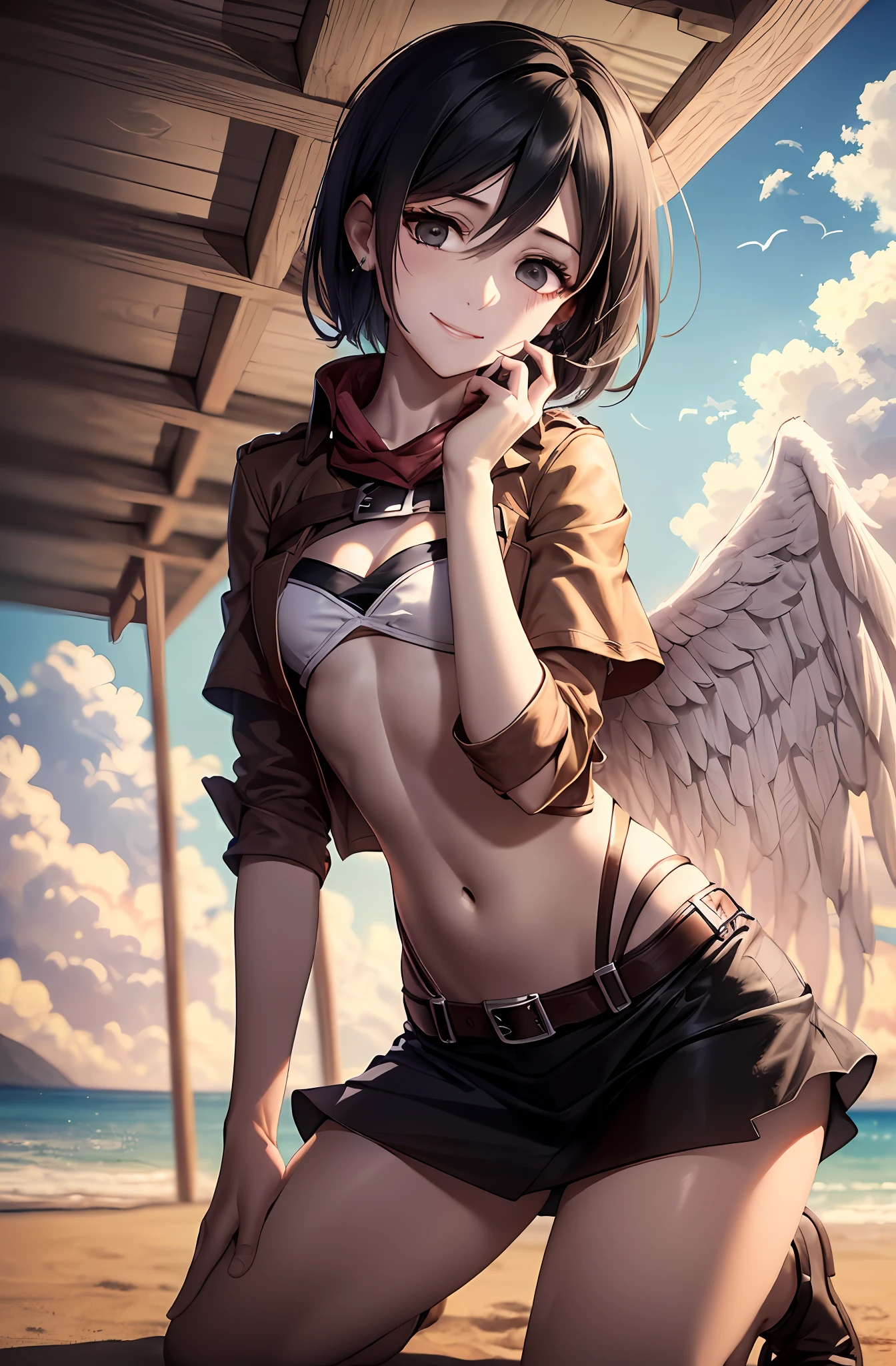 Black short hair. Black eyes , mikasa Ackerman/(attack on titan)/ , Pigtails. Miniskirt. Earring. Angel wings. Heart-shaped vacant chest. Heart logo. Smile. Sunset beach. Straw hats. White wings. Kneeling. Get on your knees.