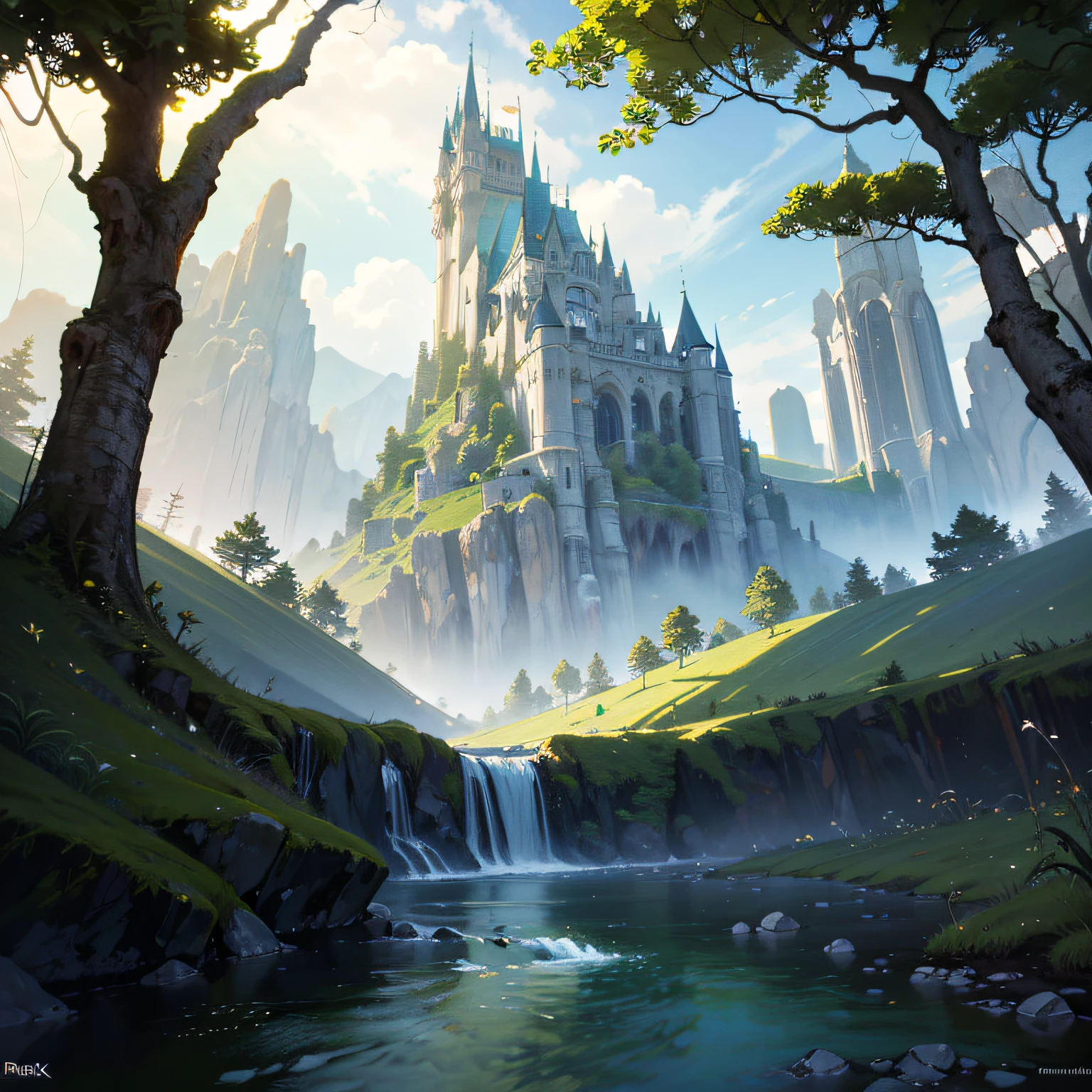 Image of a rainbow river running through a green valley, colorful waters, rainbow waters, rainbow river, magic river, valley with green trees. Rainbow, fantasy. ((8k:1.27), best quality, masterpiece, ultra highres:1.2) intricate elegant, fantasy, detailed, metric by Greg Rutkowski and Alphonse Mucha, gradient lighting ,super details