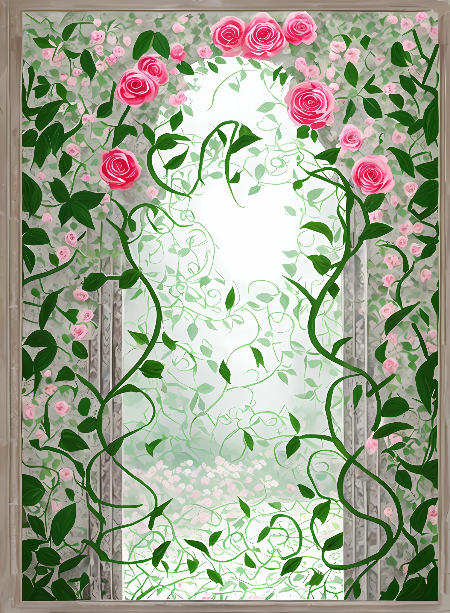 There is a picture of a European-style arch with roses and leaves, random background scene, statue arch made of dark red roses, thorns and vines. Detailed, overgrown shiny spots, vines and roses, background art, painted with microsoft paint, flowers and vines, with some vines and overgrown, quick painting, gorgeous border + concept art, build shot