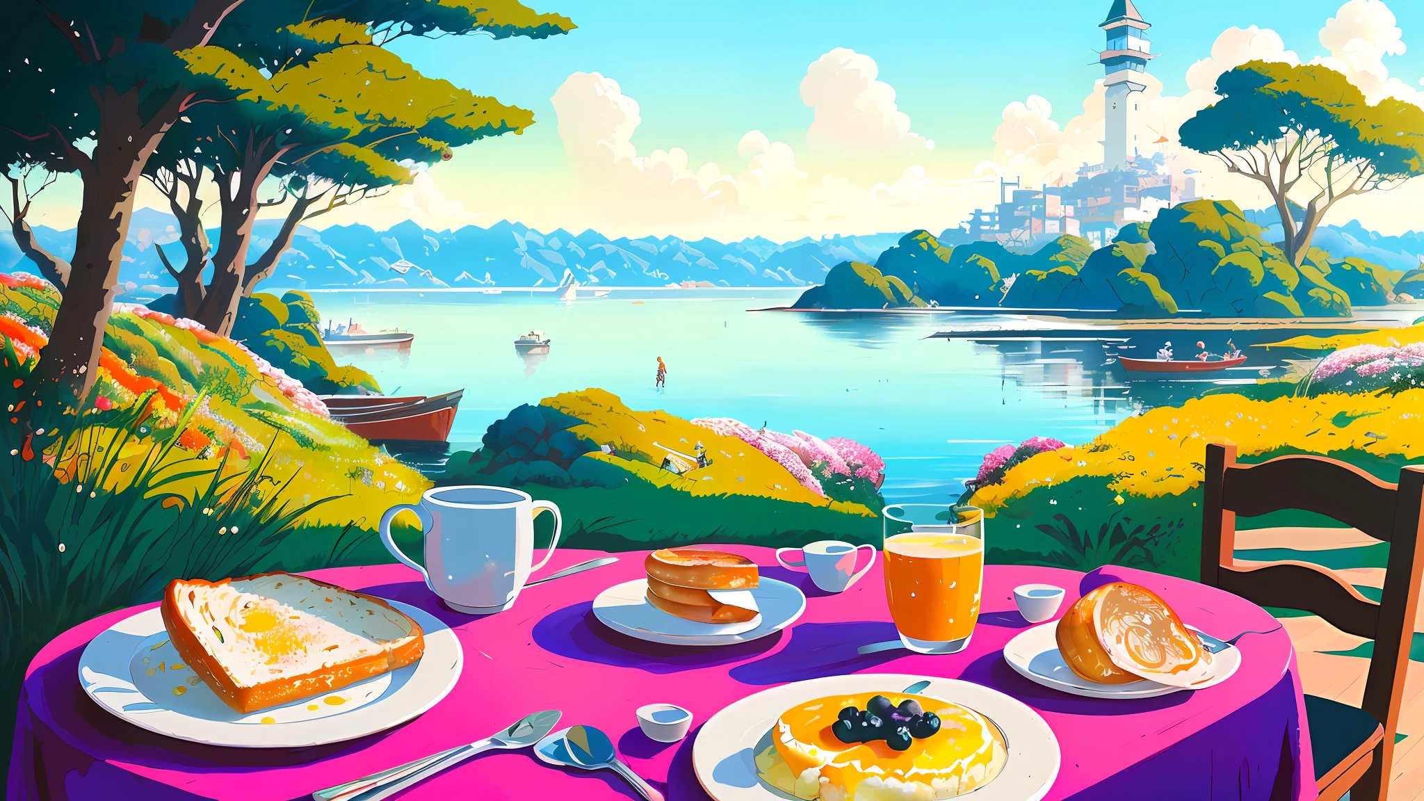 Realistic, real life, beautiful breakfast table by the water with background by greg rutkowski, style of laurie greasley, studio ghibli, akira toriyama, james gilleard, genshin impact, trending pixiv fanbox, acrylic palette knife, 4k, (vibrant colors), (bright color contrast), (highly saturated), devinart, trending on artstation