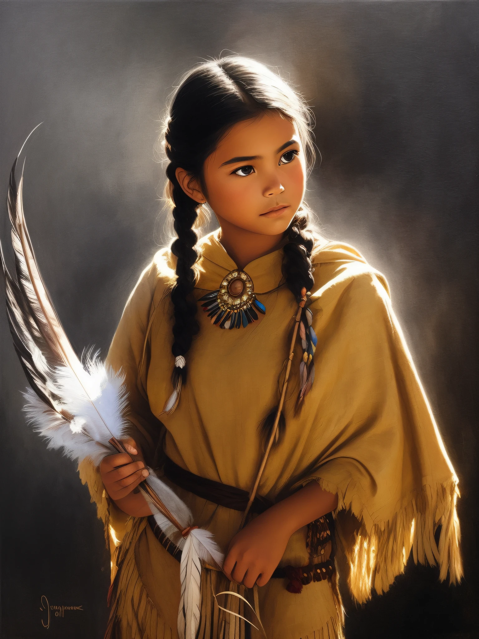 painting of a young girl in a native dress holding a feather, native american art, portrait of a young pocahontas, beautiful young wind spirit, girl with feathers, native american, warrior girl, by John J Park, beautiful character painting, by Randy Gallegos, warrior princess, john park, by Todd Lockwood, tim hildebrant, brave young girl