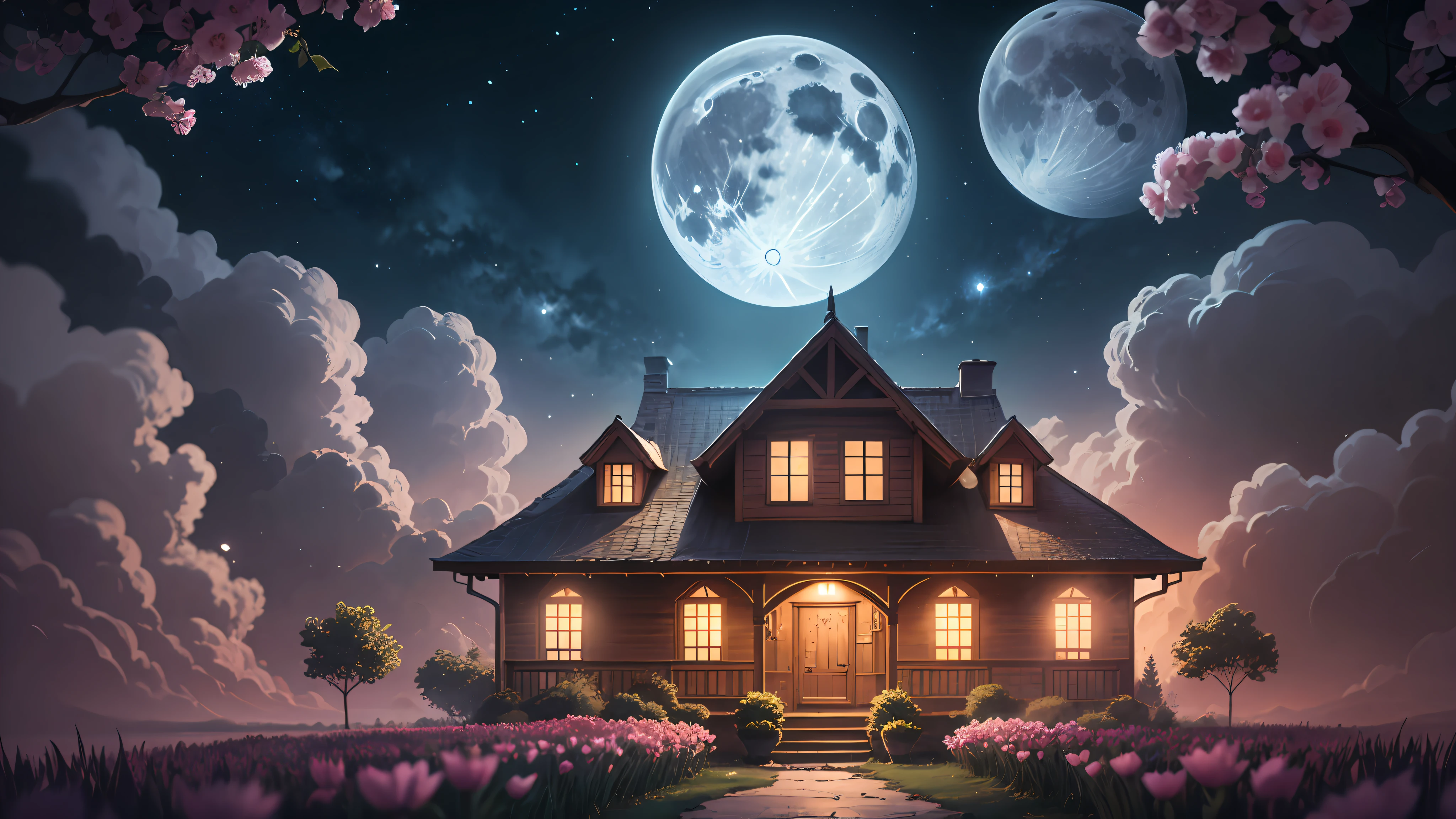 Cartoon HD, looking at the simple house in front of you, you can't help but be enchanted. night with a beautiful moon. Closer inspection reveals intricate details such as tiny flowers blooming in front and thin drapes framing the windows. As you marvel at the sight before you, 8K, Ultra-HD, --auto --s2