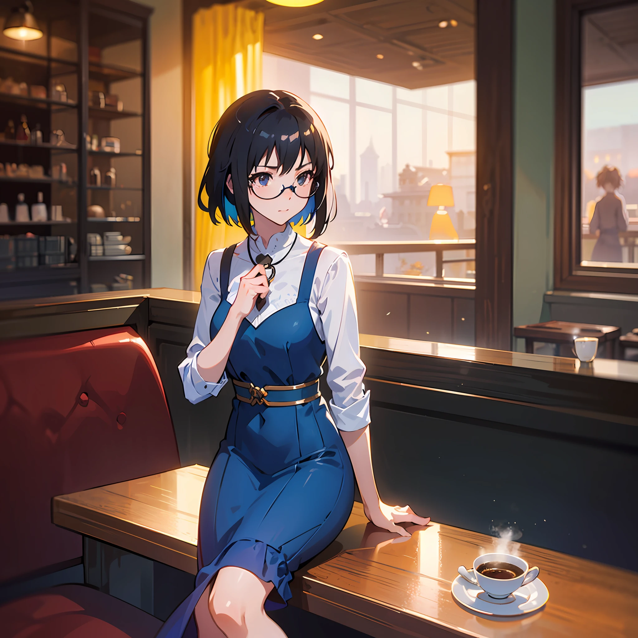 Cute girl in blue dress black hair black wayfarer glasses sitting psychedelic patterns inside cafe drinking coffee with background by greg rutkowski makoto shinkai kyoto animation key art feminine mid shot --auto