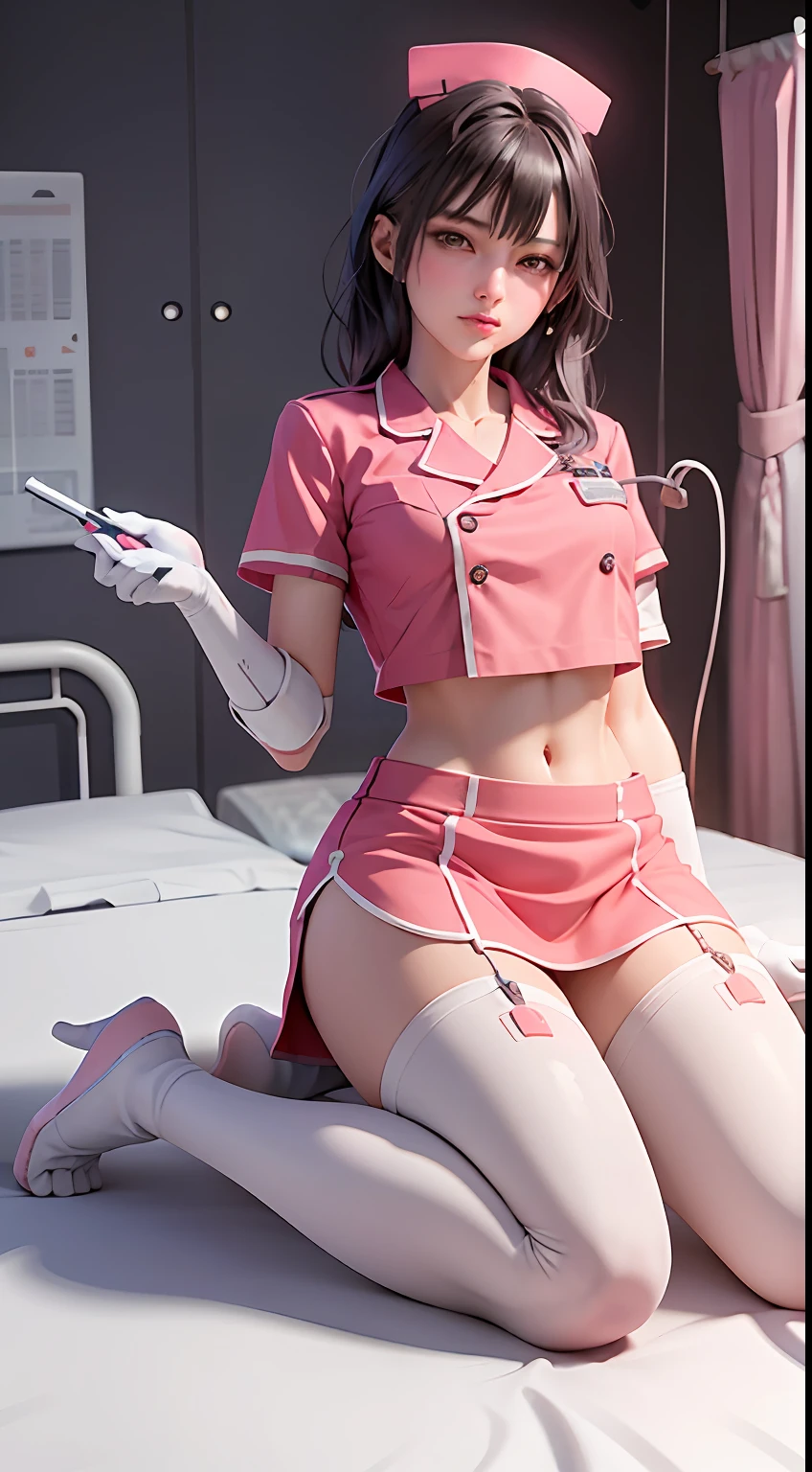 ((Best Quality)), ((Masterpiece)), ((Reality)), (detailed), (Pink Short Skirt), (Two Girls: 1.5), Two Mecha female nurse lying on a nursing bed, charging with wires plugged in her body, sustaining life on energy batteries, 18 years old, wearing a medical stethoscope, sexy lying position, seductive pose, dynamic pose, dynamic shot, alloy cuirass, with a lot of wires wrapped around her waist, bundled, she is wearing sexy lace mecha medical trousers, wearing pink Gundam lace nurse uniform pajamas, brown hair, semi-mechanical pajamas, sexy mecha suit, latex full-body tights, black silk, full-body latex pink tights, holding a super huge medical syringe in his hand, next to how many medical props, medicine boxes, medical equipment, surgical props, huge power generation batteries are glowing, lightning beating, flowing electrical energy flowing in blood vessels, in hospital operating rooms, science fiction, HDR, ray tracing, NVIDIA RTX, super resolution, Unreal 5, subsurface scattering, PBR textures, Post Processing, Anisotropic Filtering, Depth of Field, Maximum Clarity and Acutance, 8K Original, (Glow Particles: 1.4), (Very Detailed CG, Unity 8K Wallpaper, 3D, Cinematic Lighting, Lens Halo), Reflections, Sharp Focus, Cyberpunk Art, Cyberpunk Architecture,